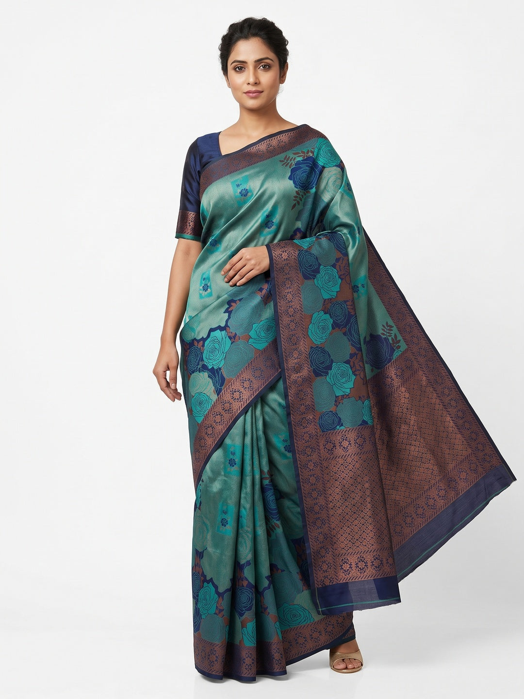Teal Handloom Banarasi Silk Saree Enhanced with Artistic Floral Zari Weaving for Timeless Appeal - Image 1