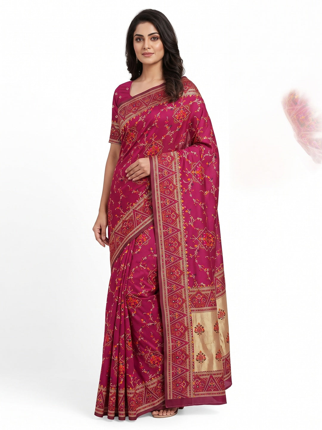 Pink Traditional Rajwadi Weaving Pashmina Silk Saree With Kashmiri Pallu & Elegant Zari Border - Image 1