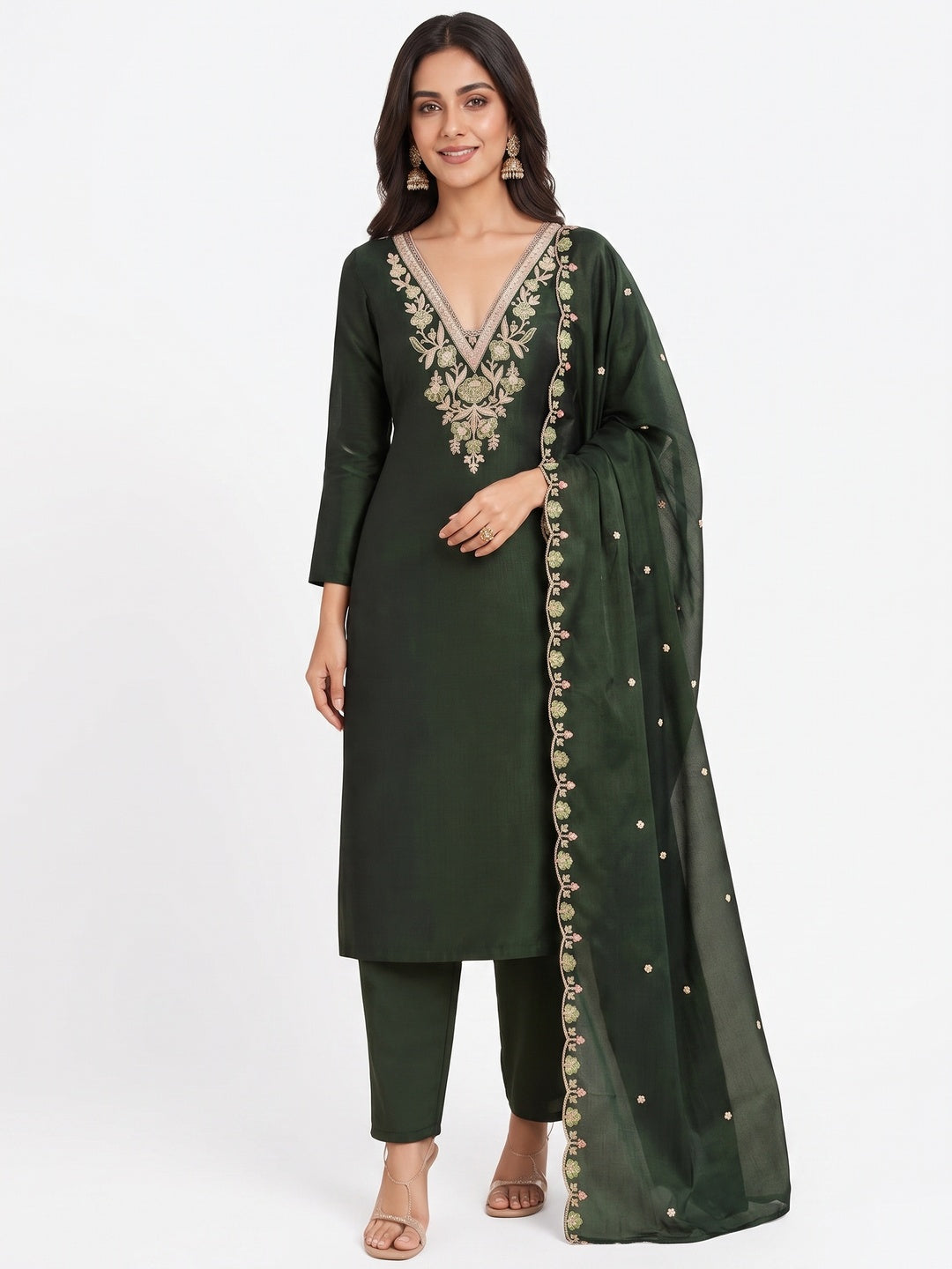 Peachmode Green Vichitra Silk Dress Material with Floral Embroidery - Image 5