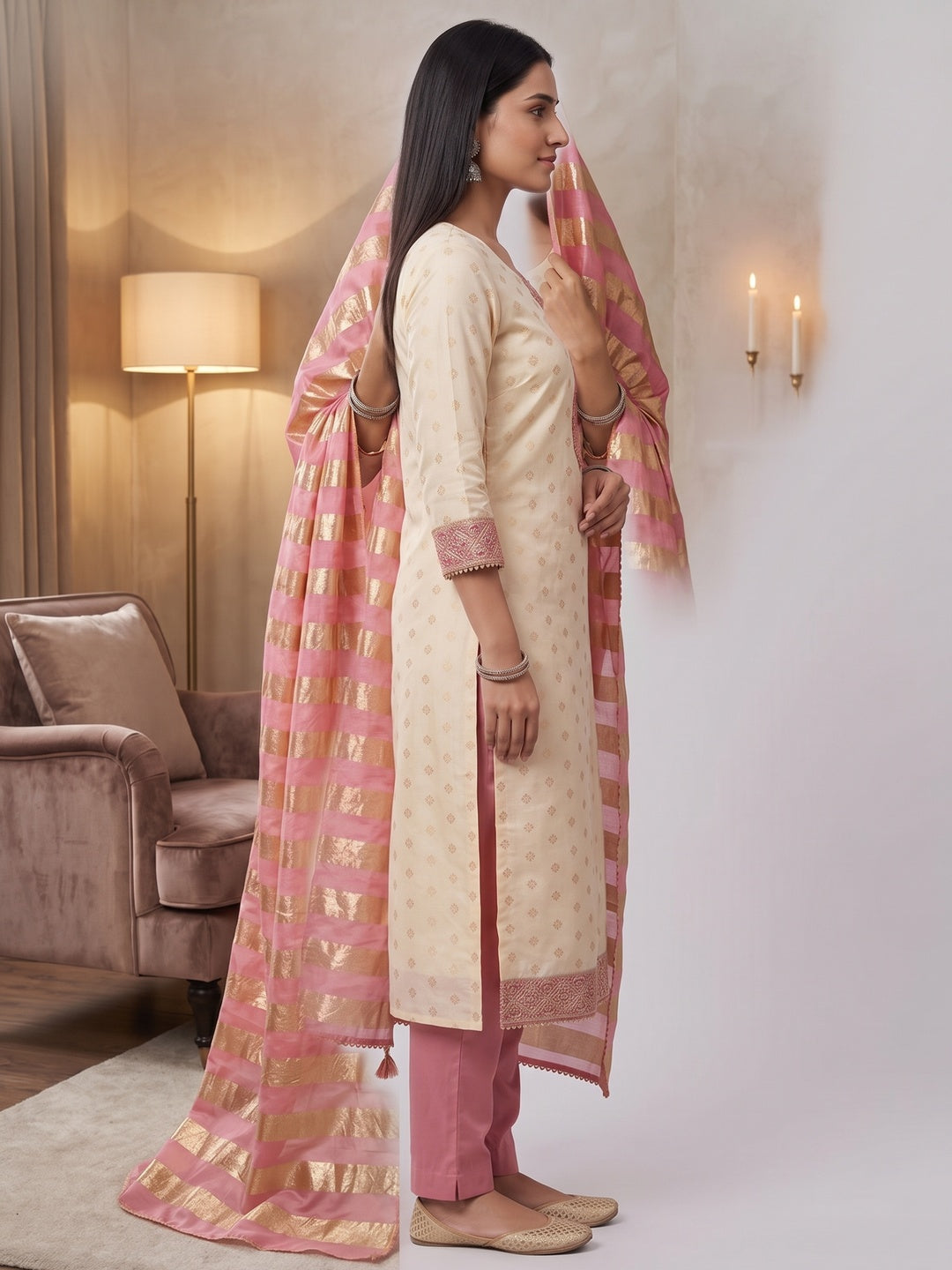 Cream & Pink Floral Weaving Shimmer Dress Material Adorned With Elegant Sequins Embroidery - Image 8