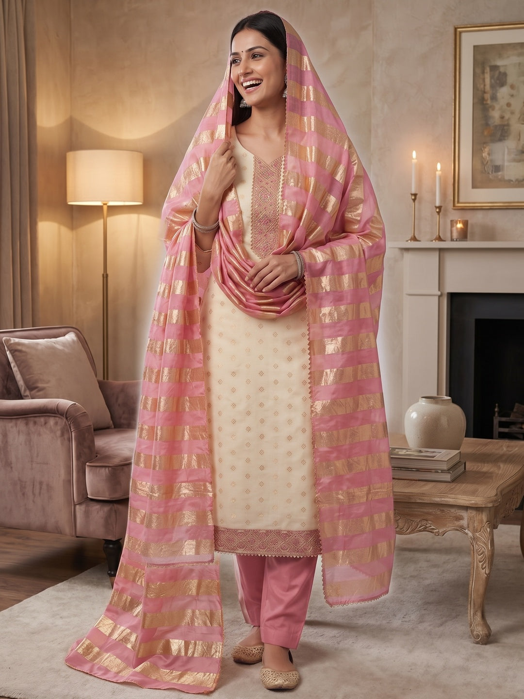 Cream & Pink Floral Weaving Shimmer Dress Material Adorned With Elegant Sequins Embroidery - Image 9
