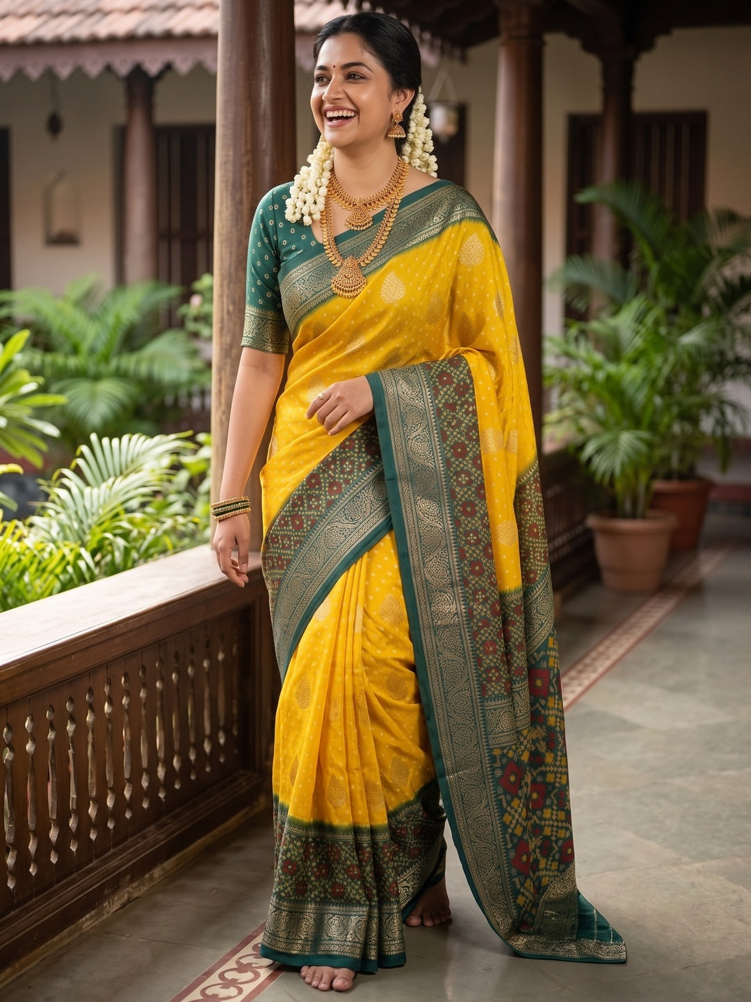 Exclusive Yellow Georgette Bandhani Print Saree with Zari Work - Image 9