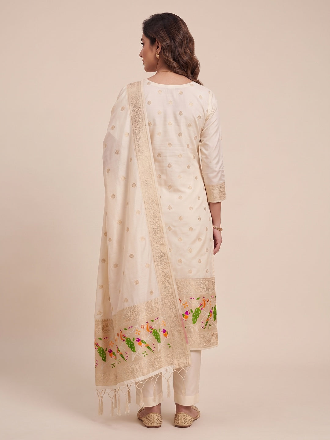 White Floral Zari Woven Banarasi Silk Dress Material - Image 3