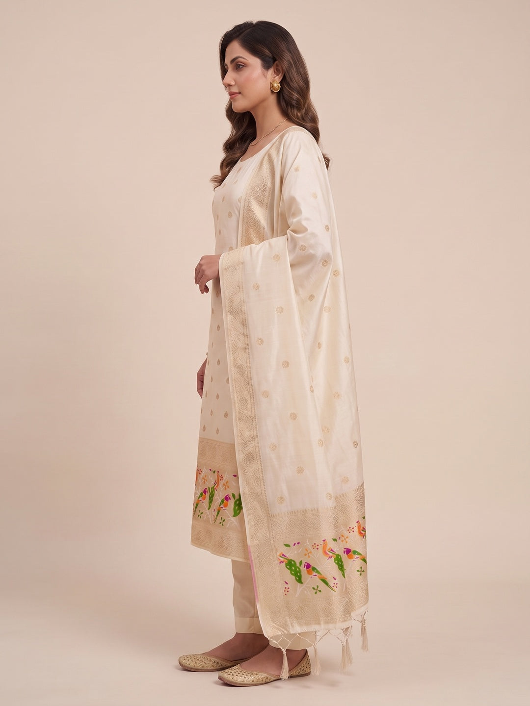 White Floral Zari Woven Banarasi Silk Dress Material - Image 4
