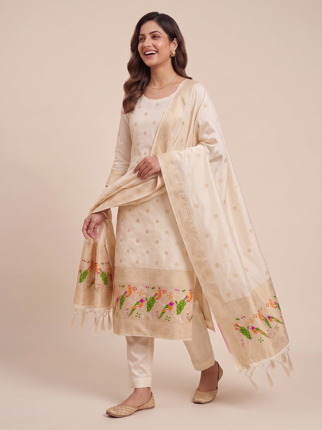 White Floral Zari Woven Banarasi Silk Dress Material - Image 5