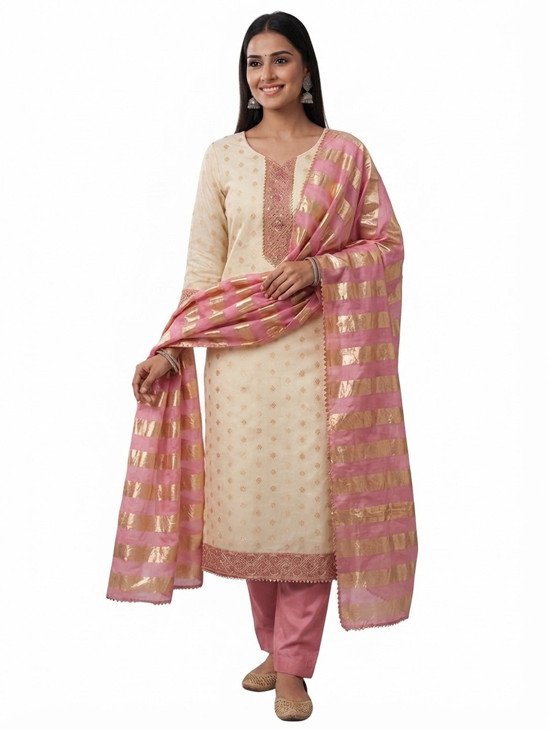 Cream & Pink Floral Weaving Shimmer Dress Material Adorned With Elegant Sequins Embroidery - Image 10