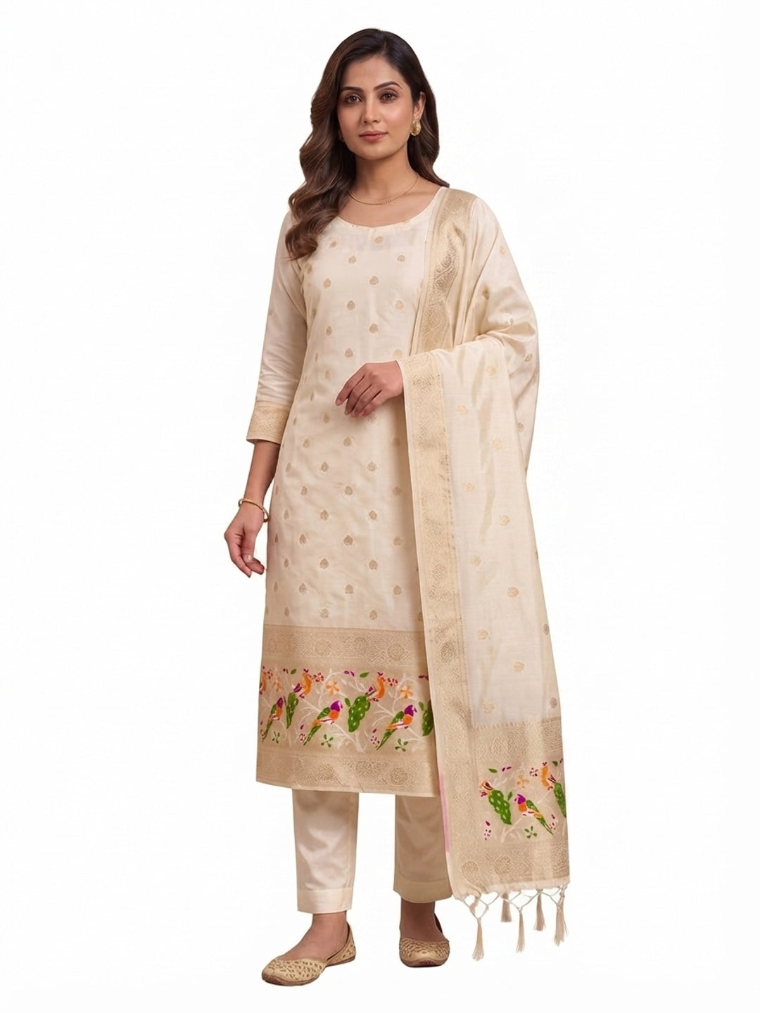 White Floral Zari Woven Banarasi Silk Dress Material - Image 6