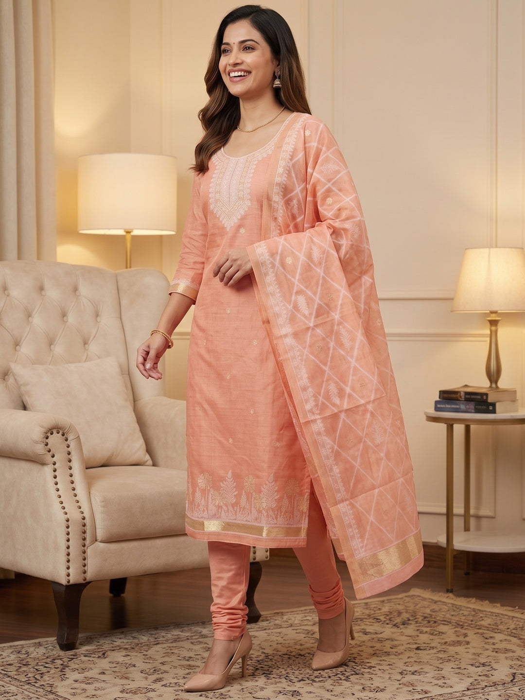 Premium Peach Floral Weaving Chanderi Silk Dress Material With Intricate Zari Work - Image 9