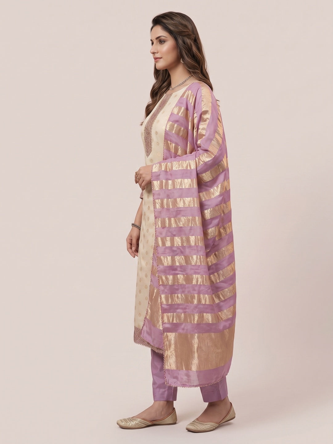 Cream & Lavender Floral Weaving Shimmer Dress Material Adorned With Elegant Sequins Embroidery - Image 8