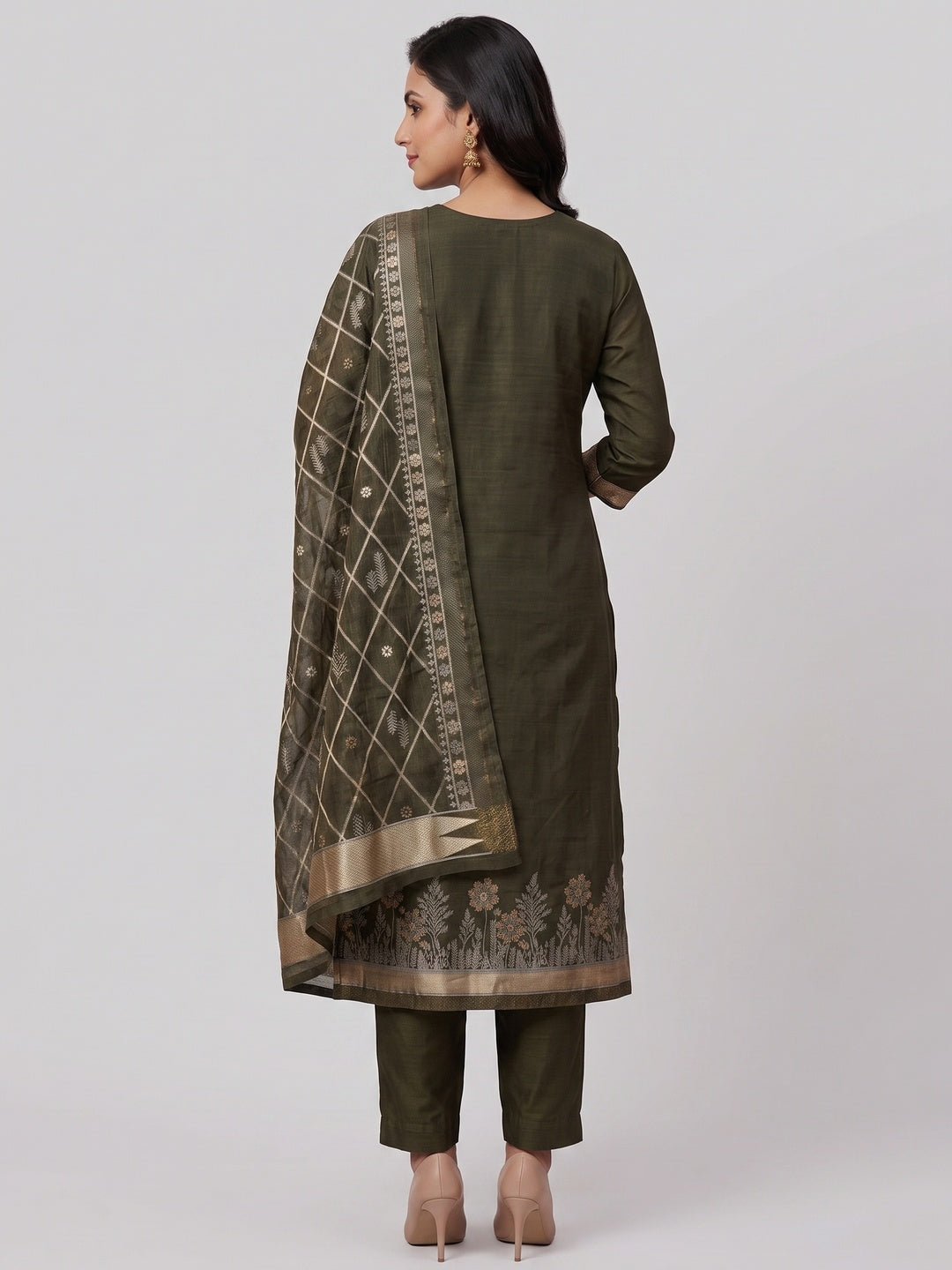 Premium Mehendi Green Floral Weaving Chanderi Silk Dress Material With Intricate Zari Work - Image 7