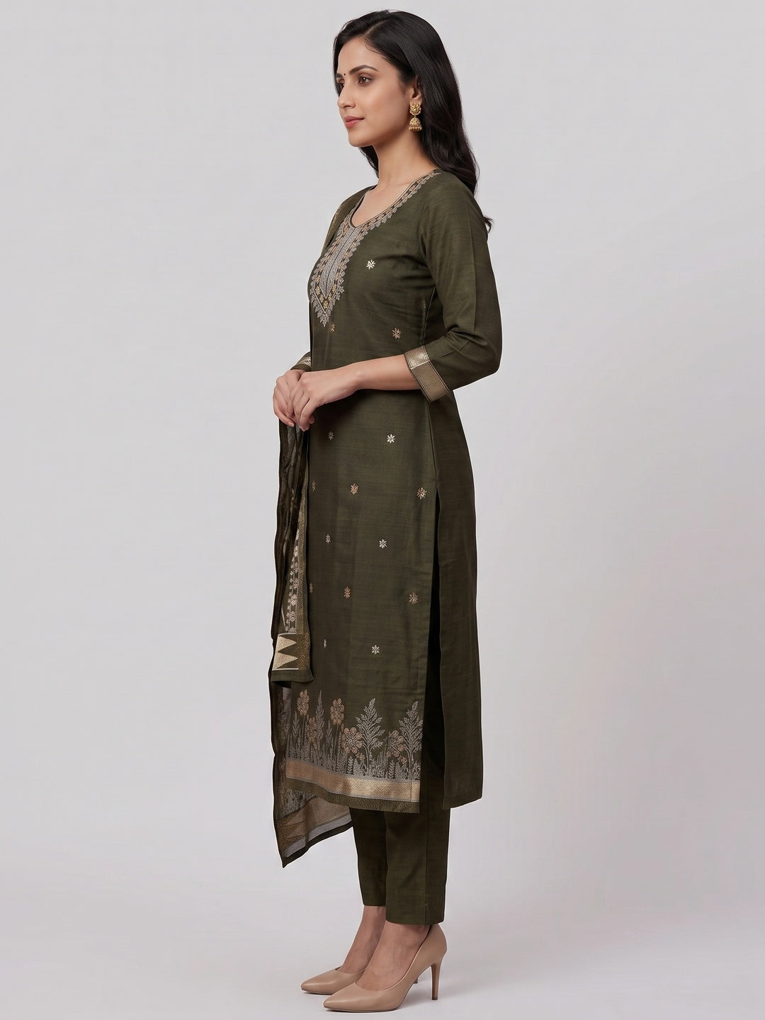 Premium Mehendi Green Floral Weaving Chanderi Silk Dress Material With Intricate Zari Work - Image 8