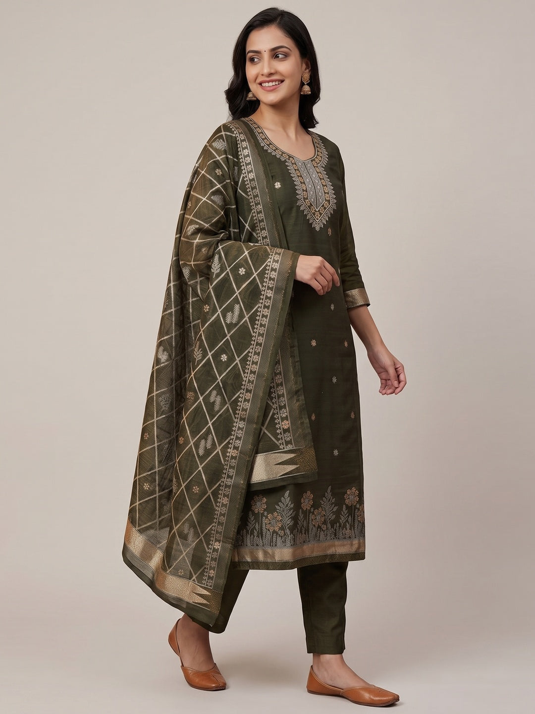 Premium Mehendi Green Floral Weaving Chanderi Silk Dress Material With Intricate Zari Work - Image 9