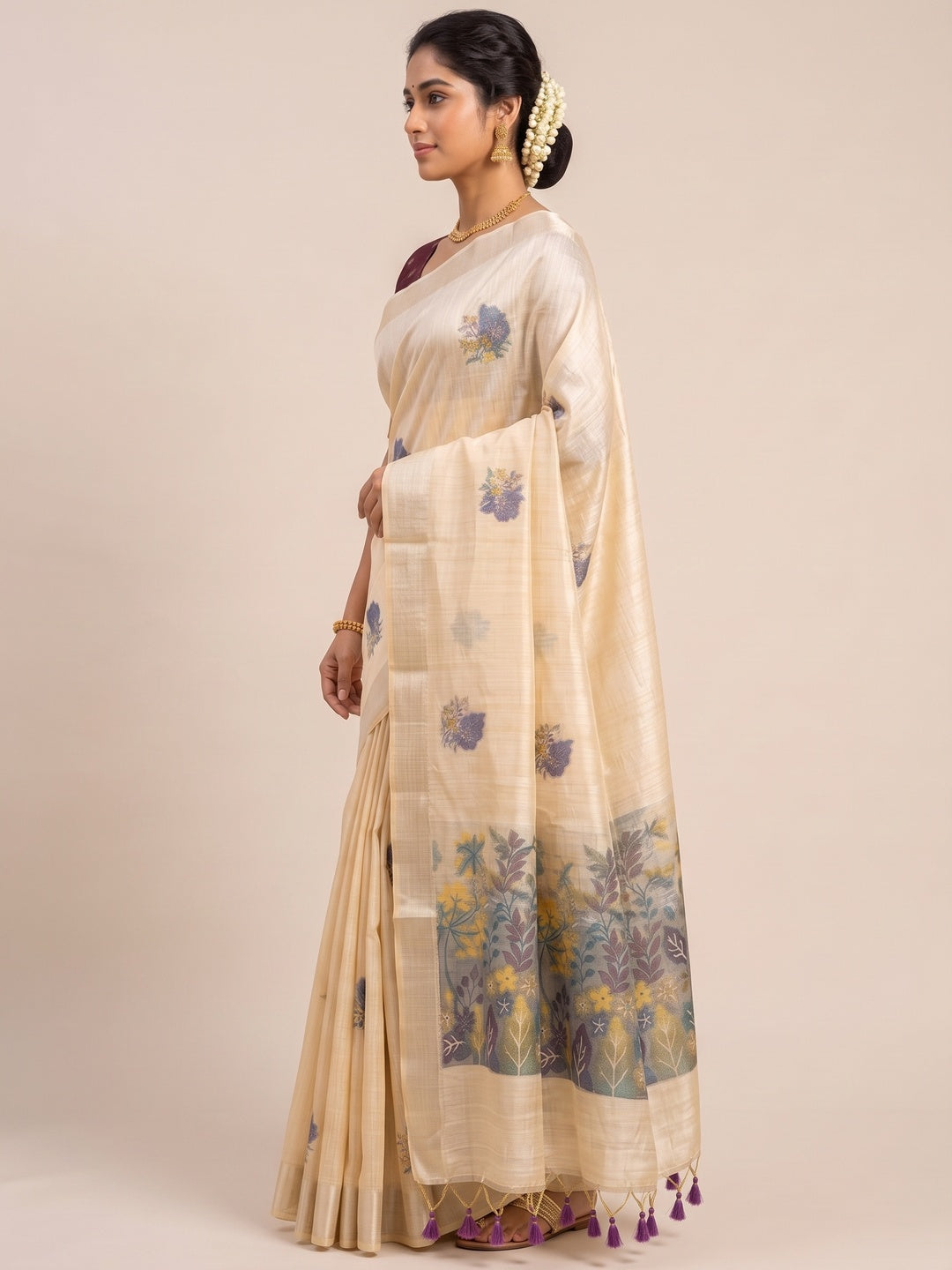 Beige Traditional Soft Muga Cotton Saree Elevated with Meenakari Weaving Detailing - Image 4