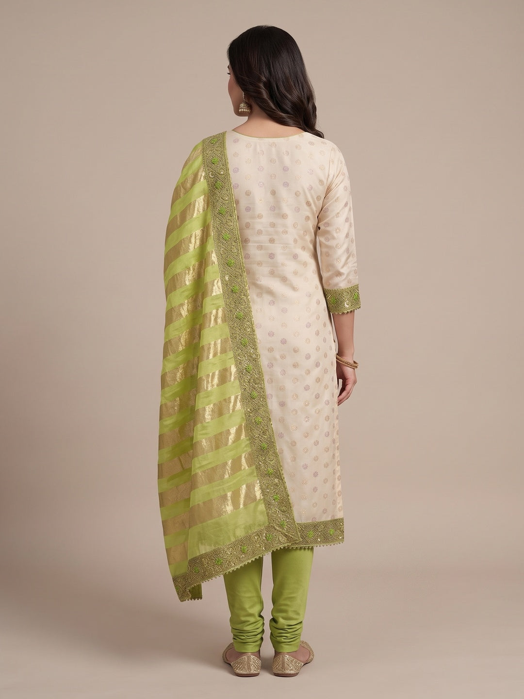 Cream & Green Floral Weaving Shimmer Dress Material Adorned With Elegant Sequins Embroidery - Image 7