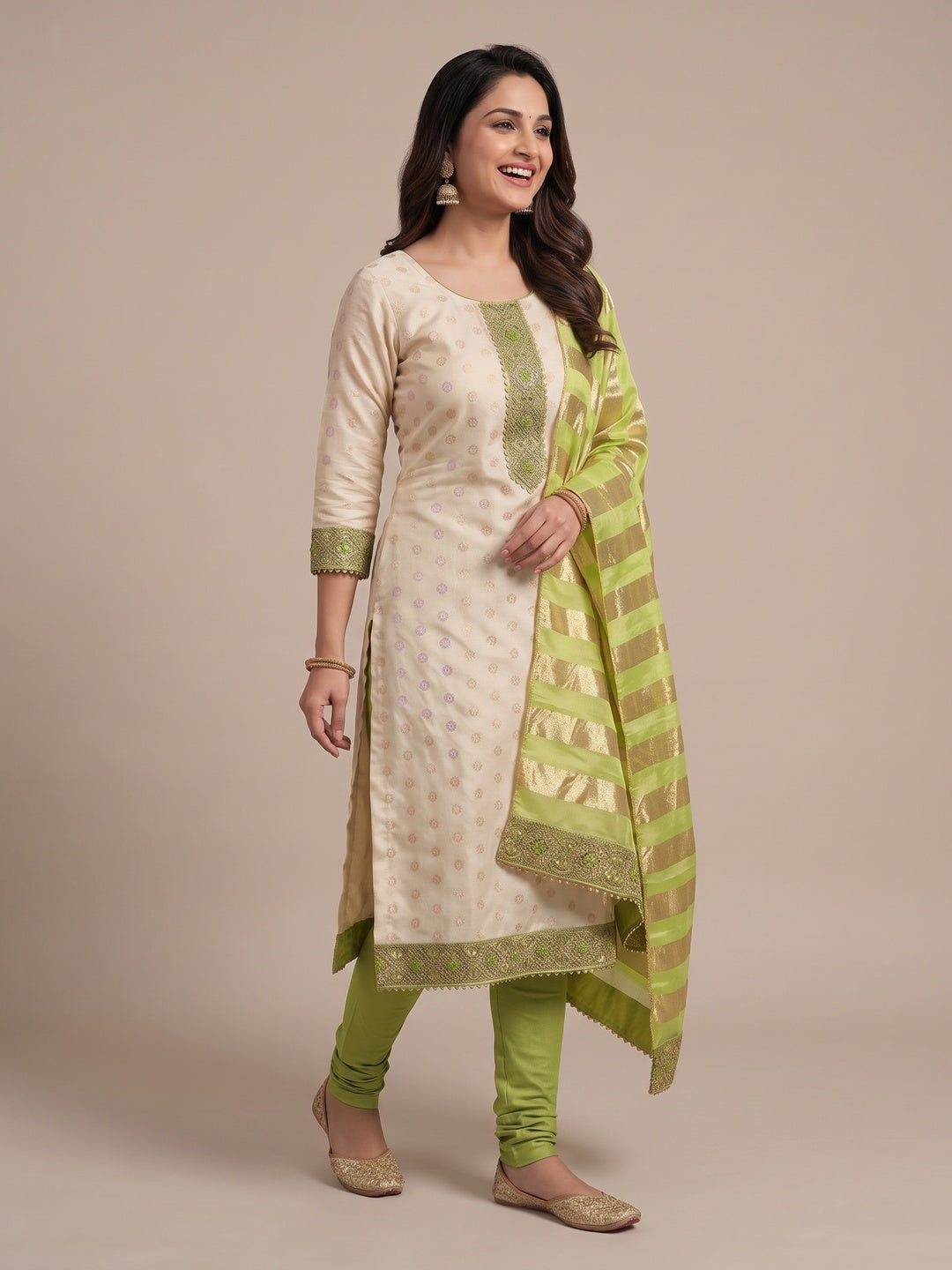 Cream & Green Floral Weaving Shimmer Dress Material Adorned With Elegant Sequins Embroidery - Image 9