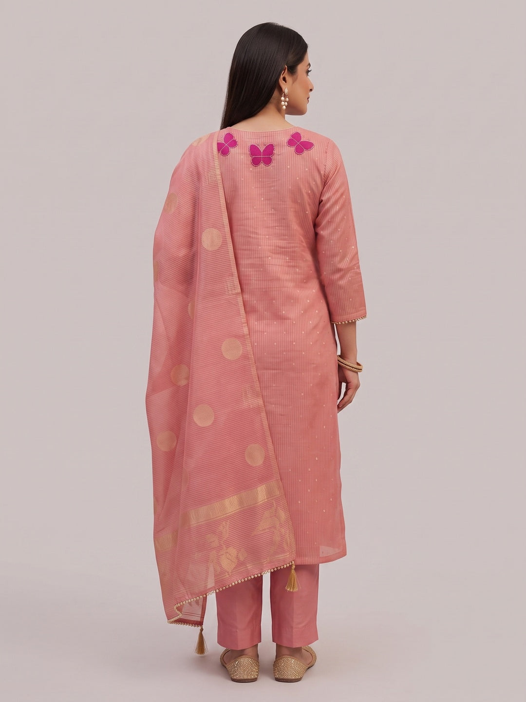 Premium Pink Striped Weaving Silk Blend Dress Material Enhanced with Beads & Moti Hand Work - Image 8