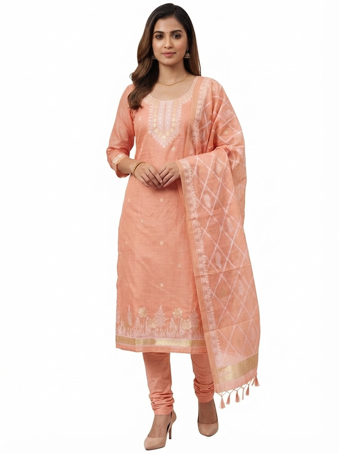 Premium Peach Floral Weaving Chanderi Silk Dress Material With Intricate Zari Work - Image 10