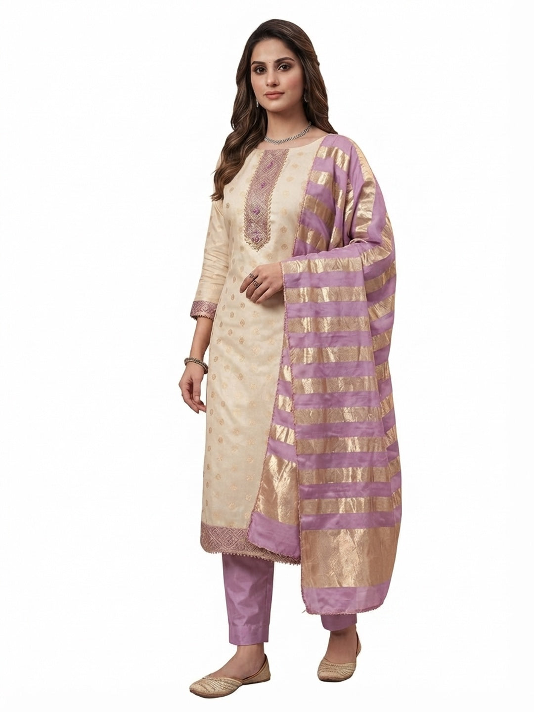 Cream & Lavender Floral Weaving Shimmer Dress Material Adorned With Elegant Sequins Embroidery - Image 10