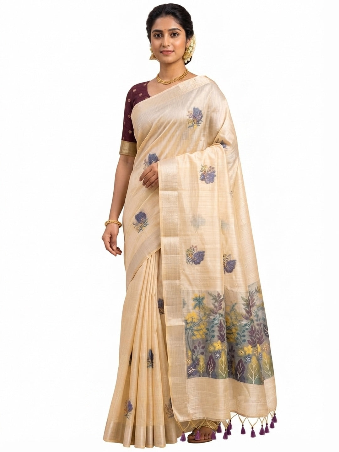 Beige Traditional Soft Muga Cotton Saree Elevated with Meenakari Weaving Detailing - Image 6
