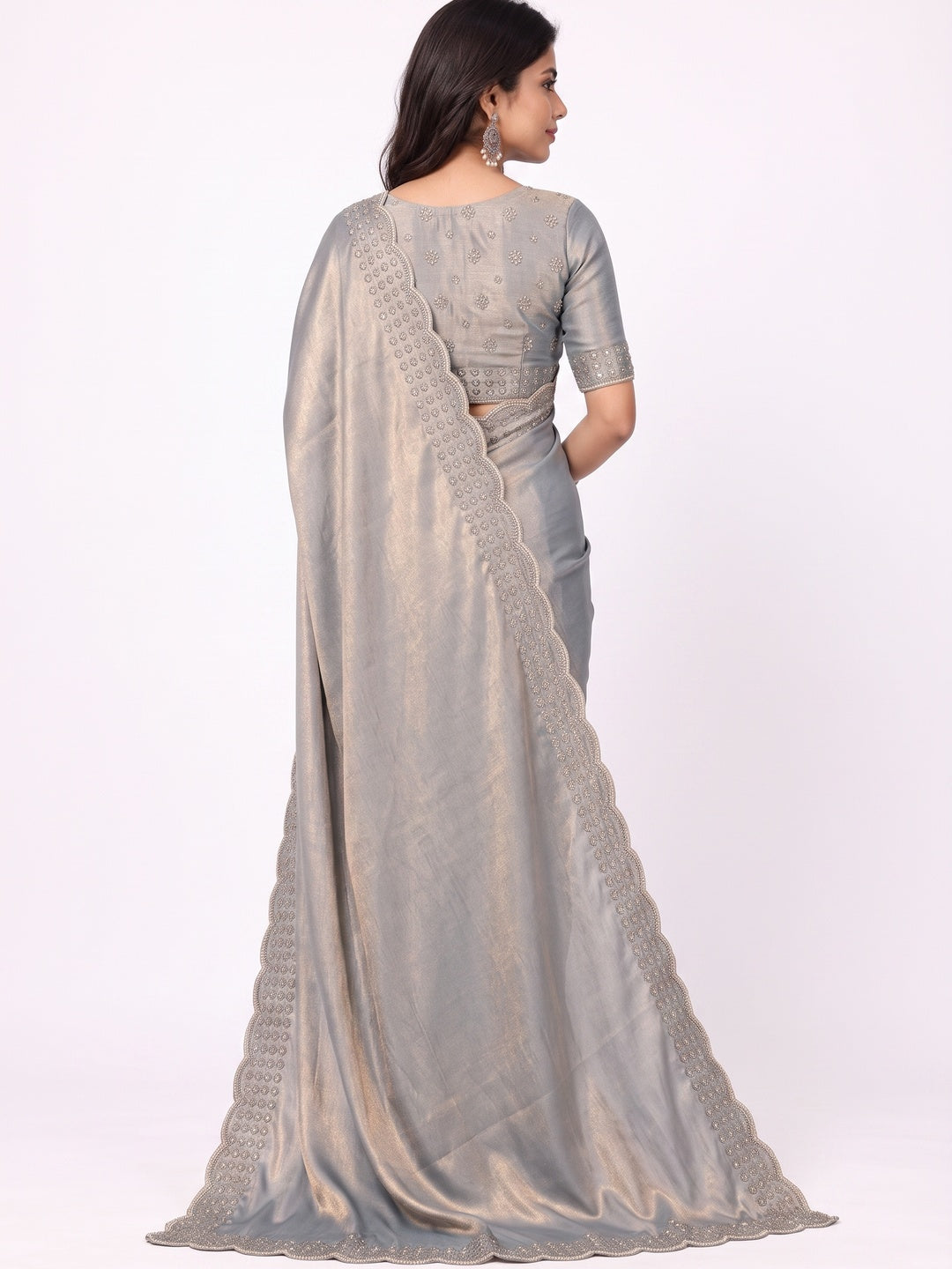 Peachmode Grey Fandy Satin Saree with Scalloped Cutwork Border - Image 2