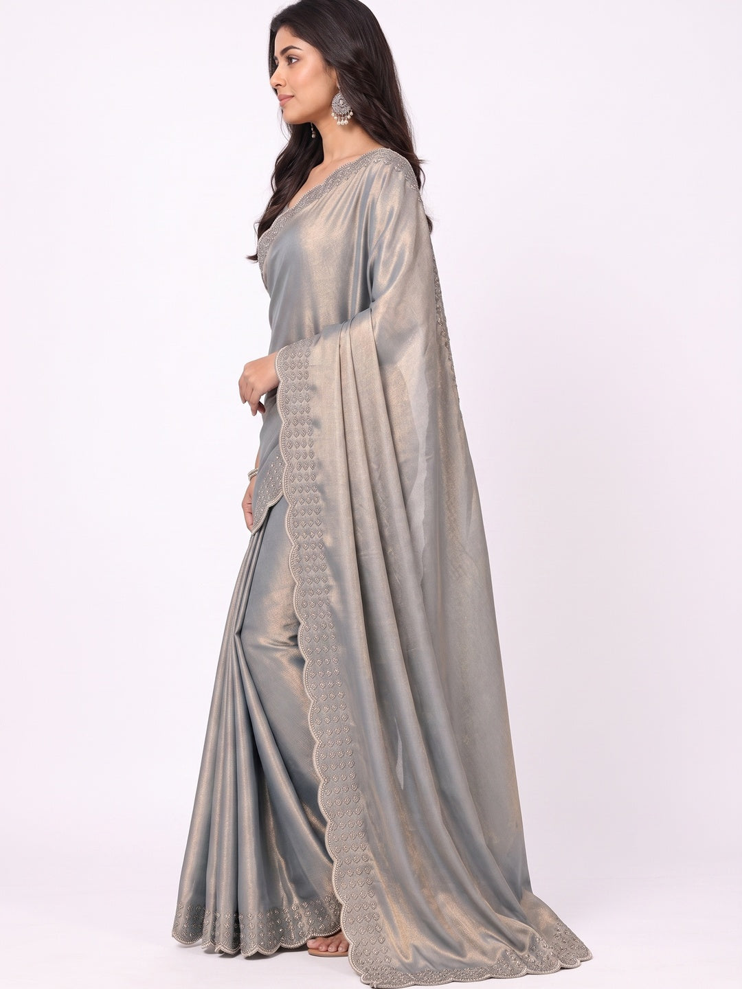 Peachmode Grey Fandy Satin Saree with Scalloped Cutwork Border - Image 3