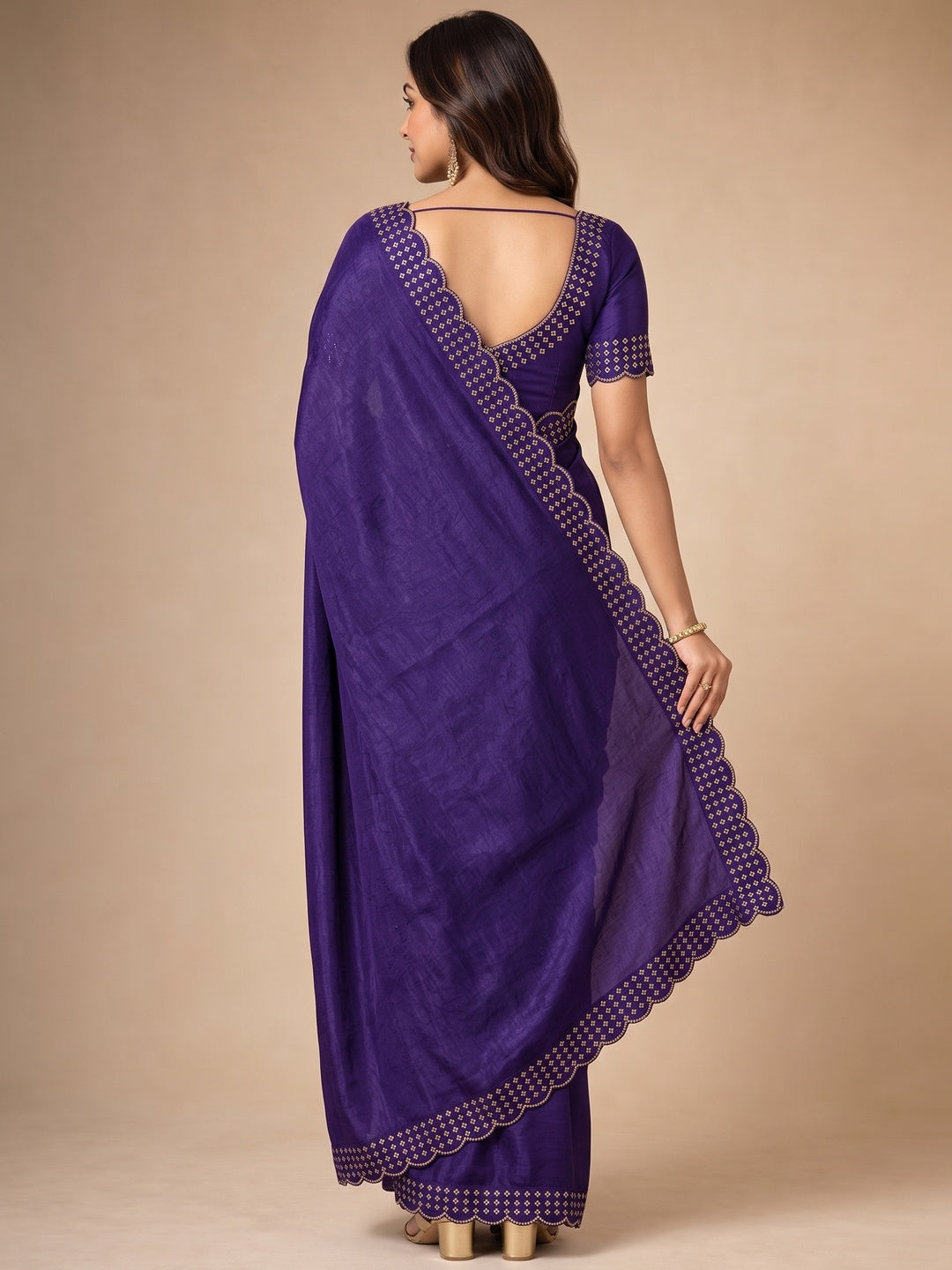 Peachmode Purple Fandy Satin Saree with Scalloped Cutwork Border - Image 2