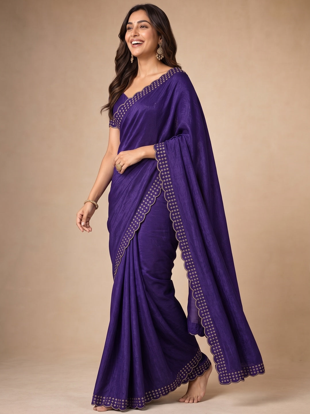 Peachmode Purple Fandy Satin Saree with Scalloped Cutwork Border - Image 4