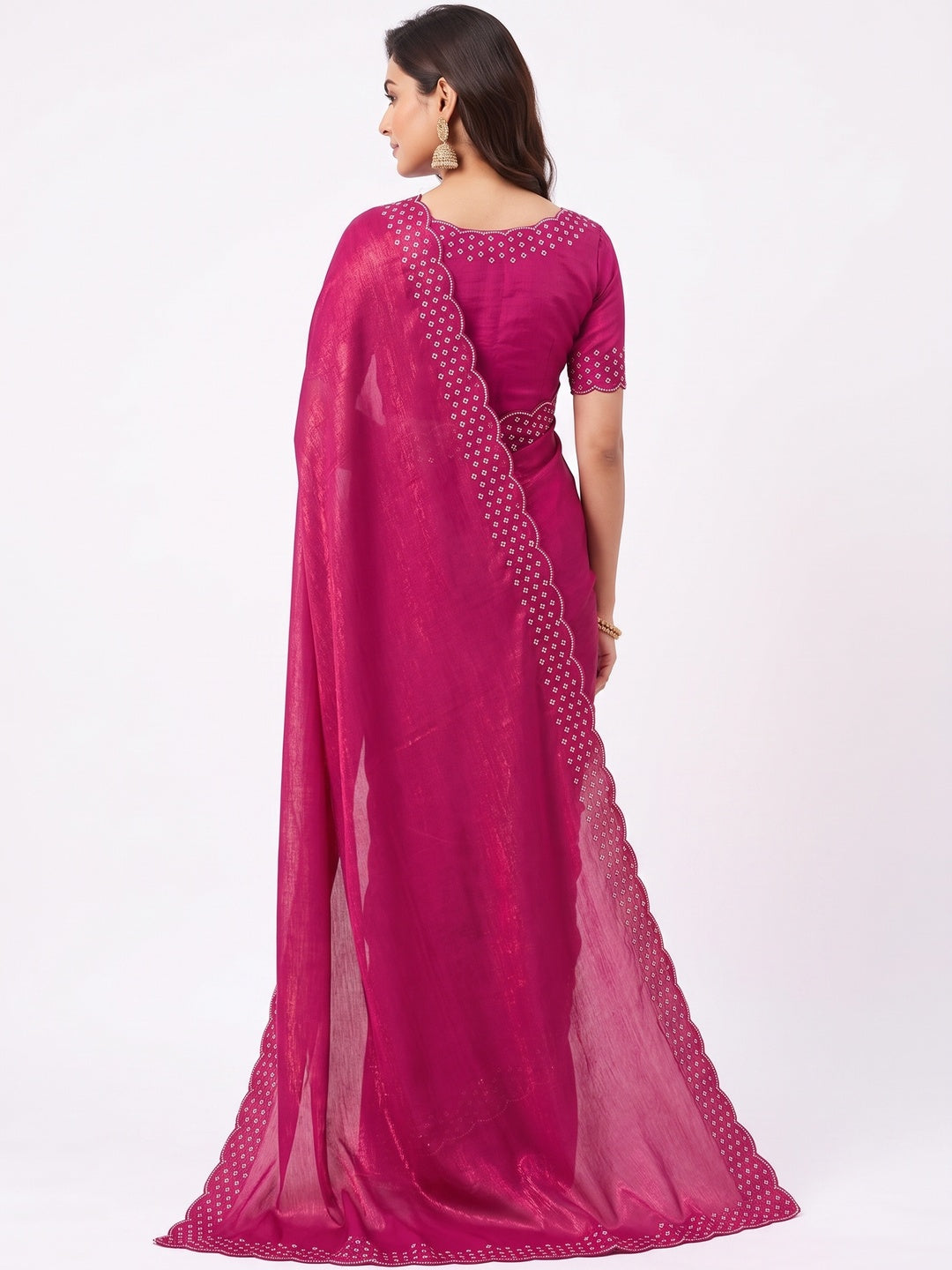 Peachmode Magenta Fandy Satin Saree with Scalloped Cutwork Border - Image 2