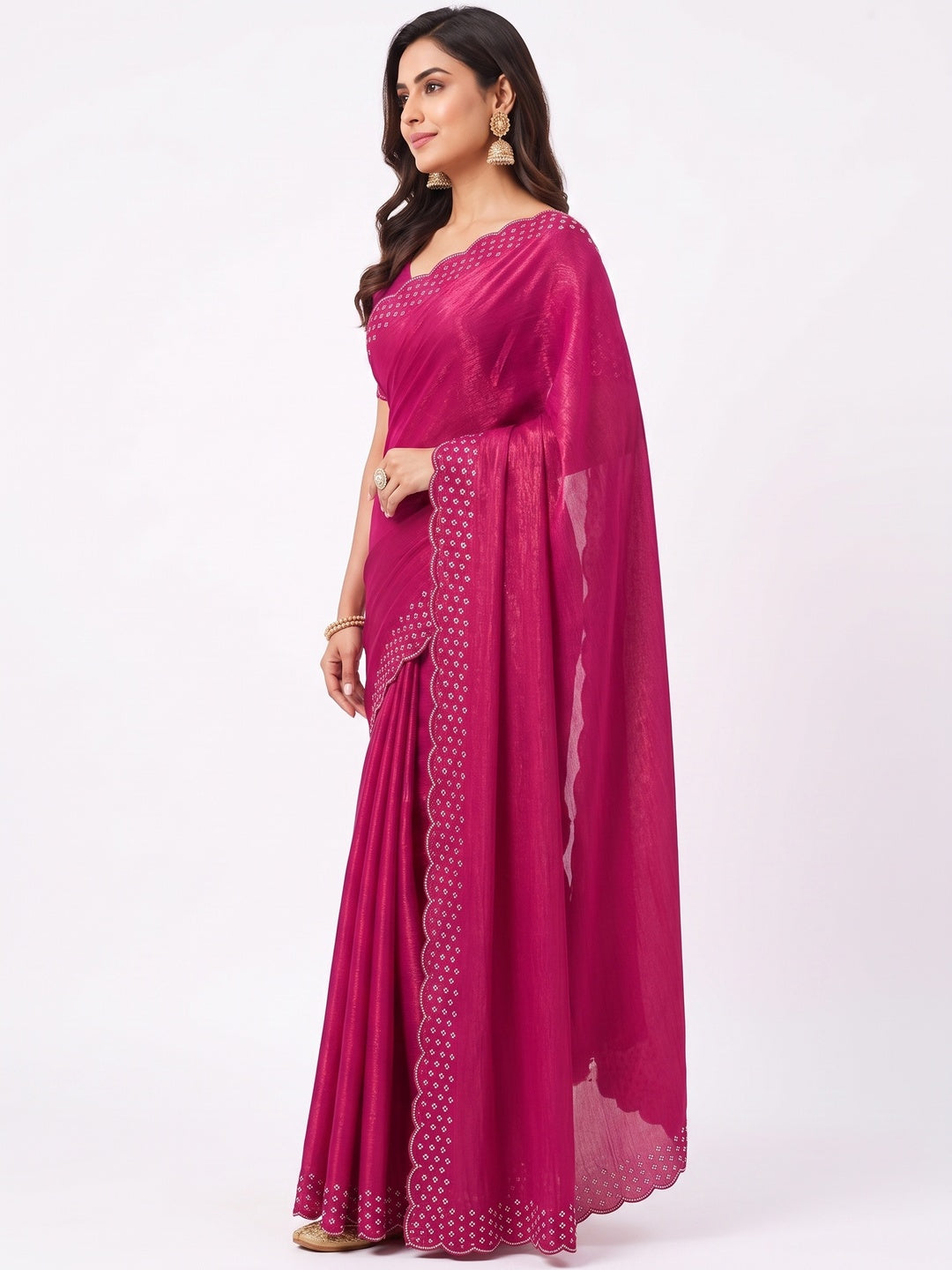 Peachmode Magenta Fandy Satin Saree with Scalloped Cutwork Border - Image 3