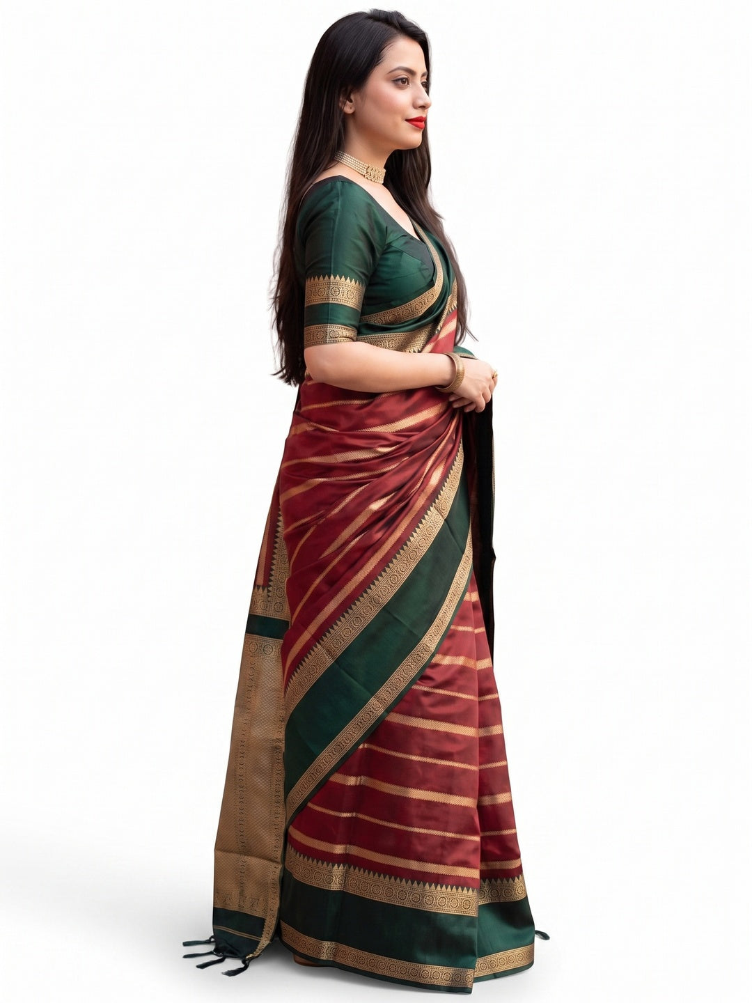 Maroon Woven Banarasi Silk Saree with Tassels - Image 7