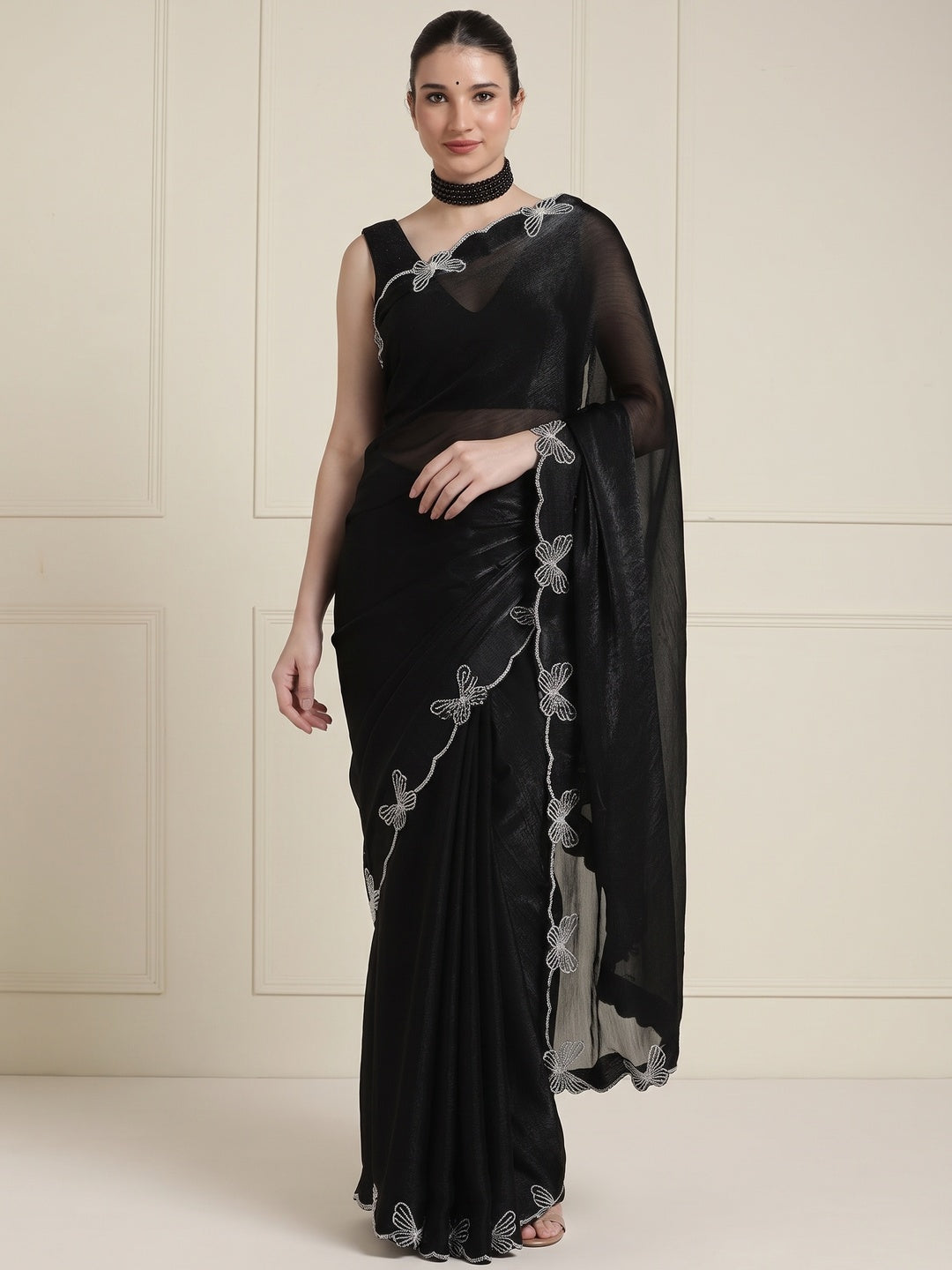 Elegant Black Satin Saree with Delicate Embellished Border - Image 5