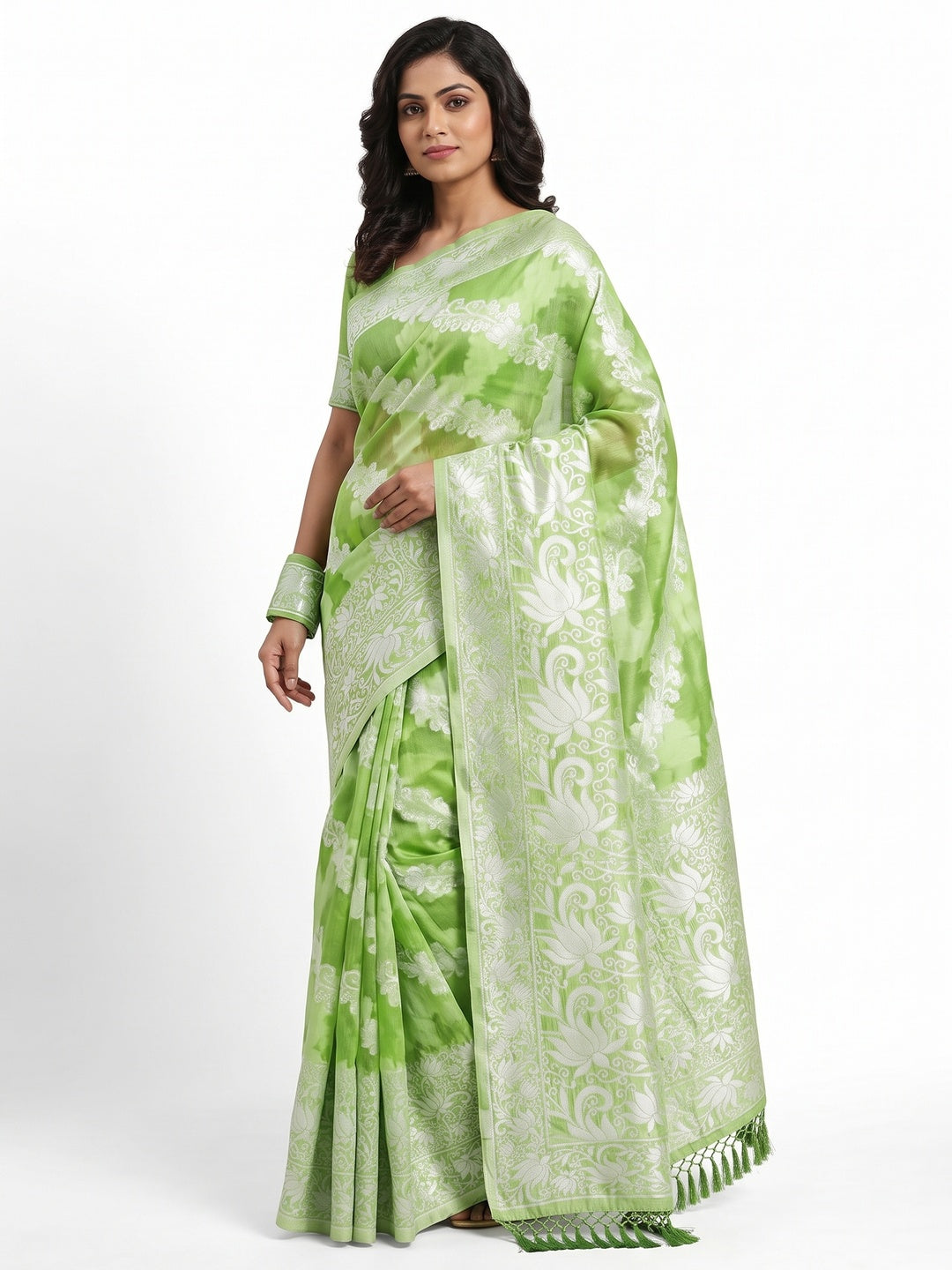 Green Floral Woven Banarasi Silk Saree With Tassels - Image 1