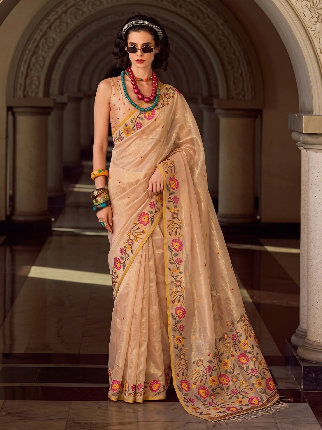 Peachmode Beige Tissue Silk Woven Saree - Image 1