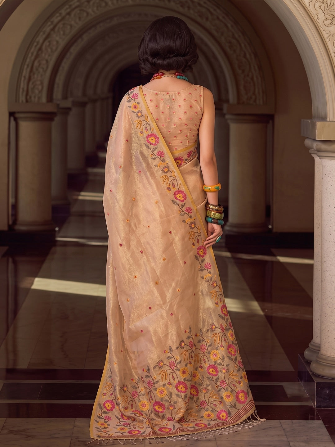 Peachmode Beige Tissue Silk Woven Saree - Image 3