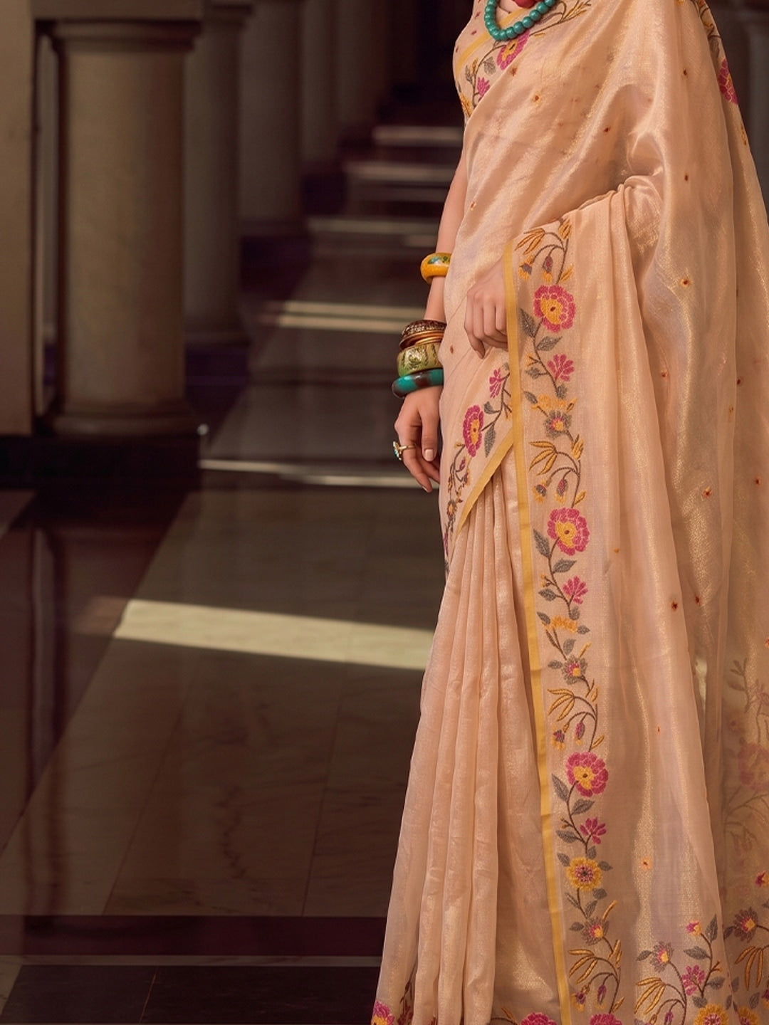 Peachmode Beige Tissue Silk Woven Saree - Image 4