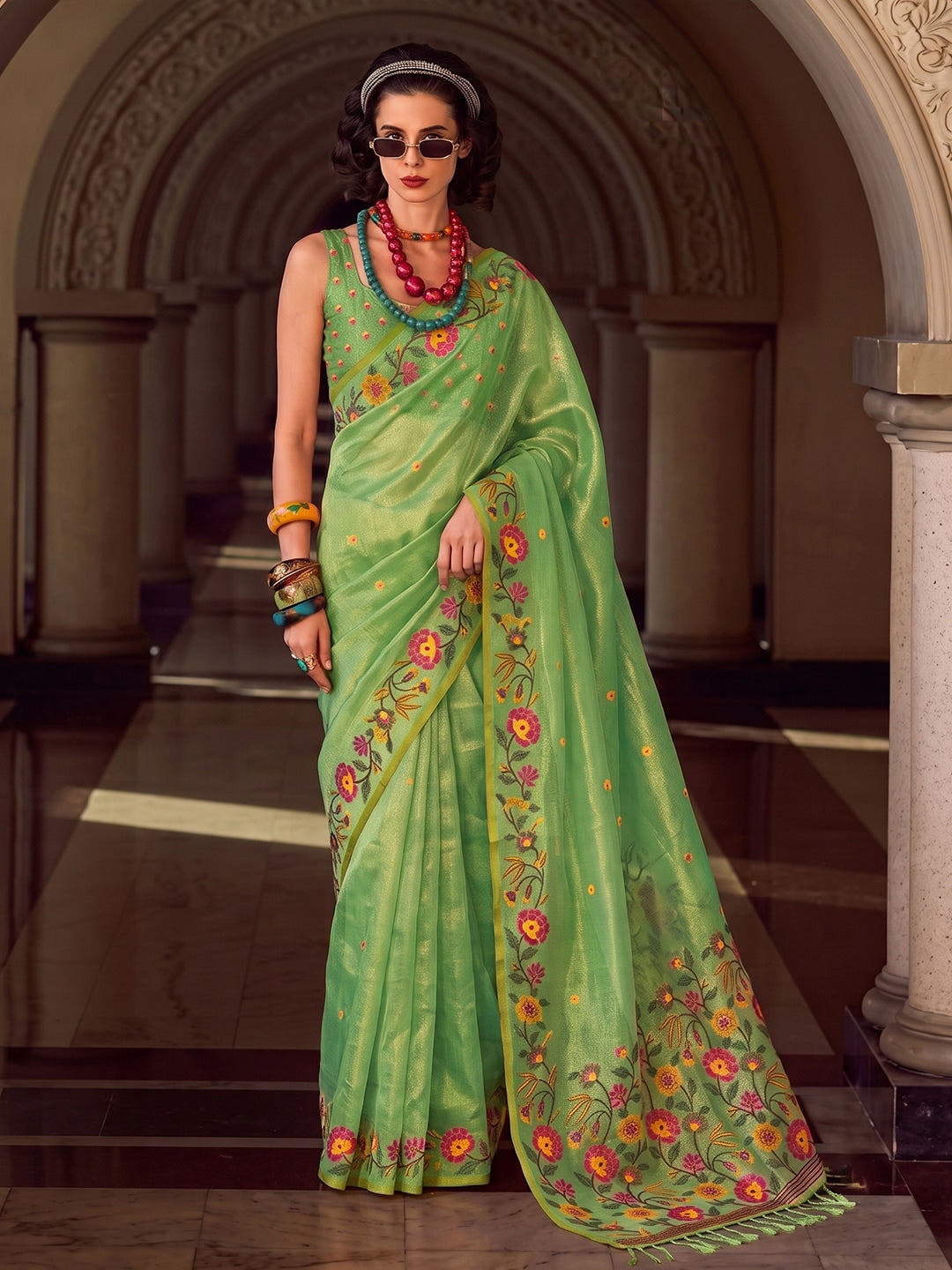 Peachmode Light Green Tissue Silk Woven Saree - Image 1