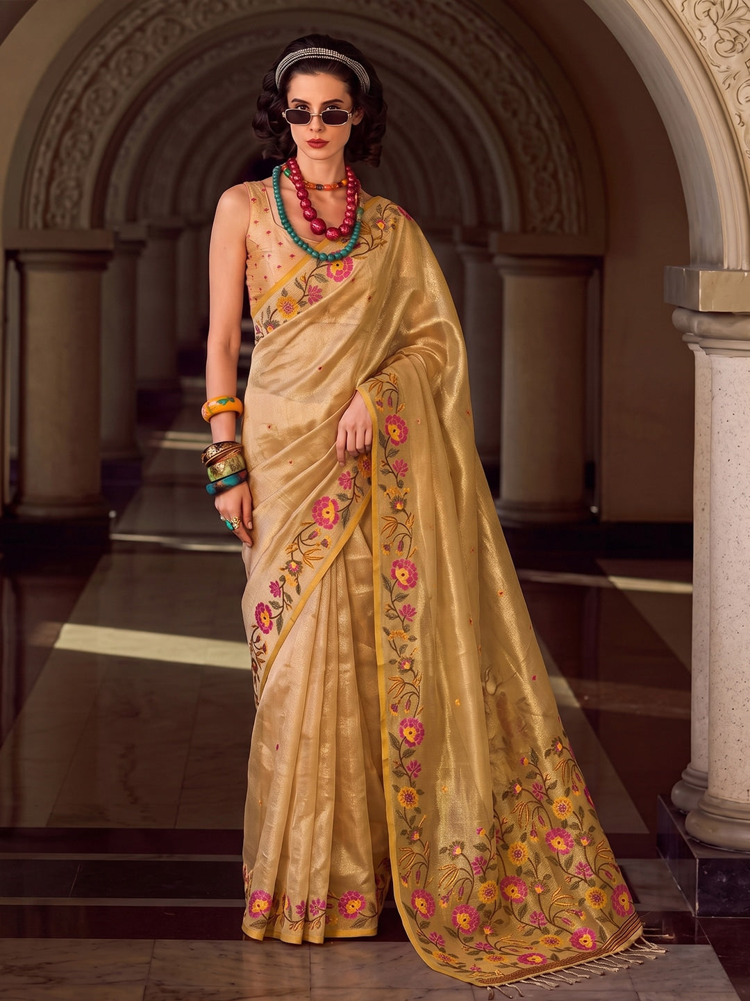 Peachmode Golden Tissue Silk Woven Saree - Image 1