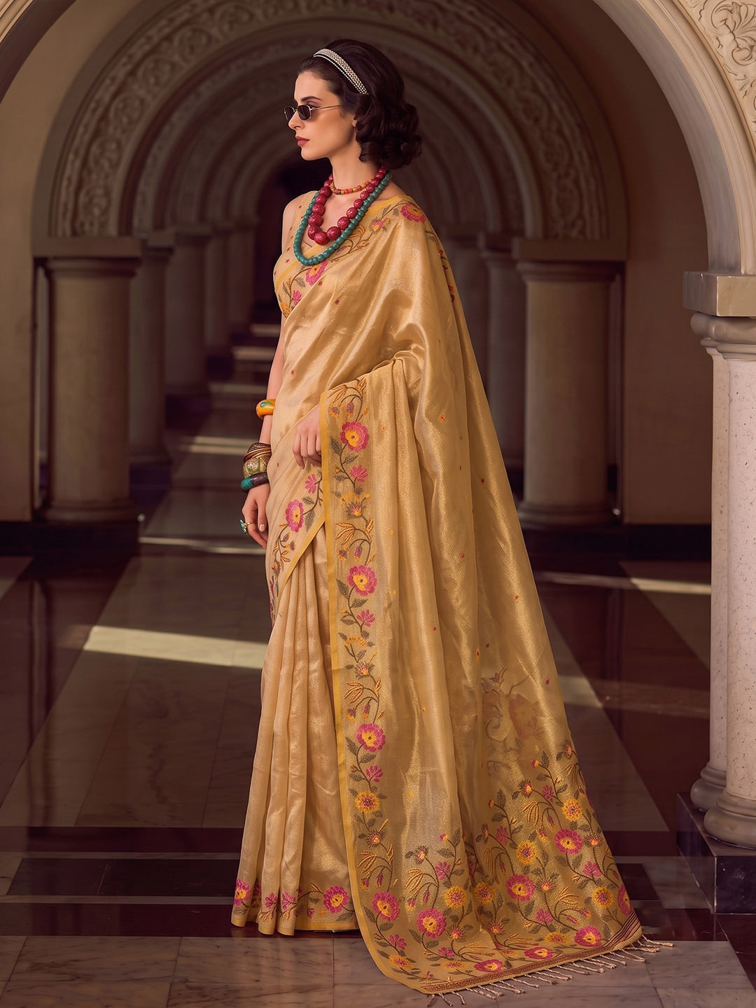 Peachmode Golden Tissue Silk Woven Saree - Image 2