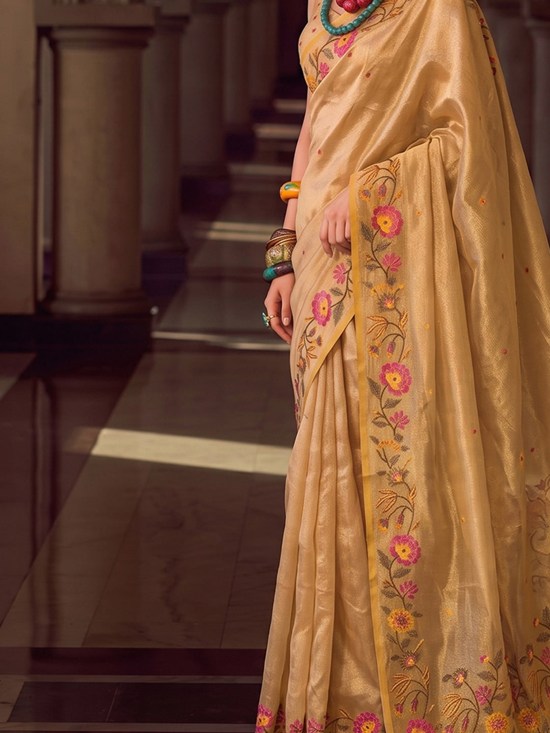 Peachmode Golden Tissue Silk Woven Saree - Image 3