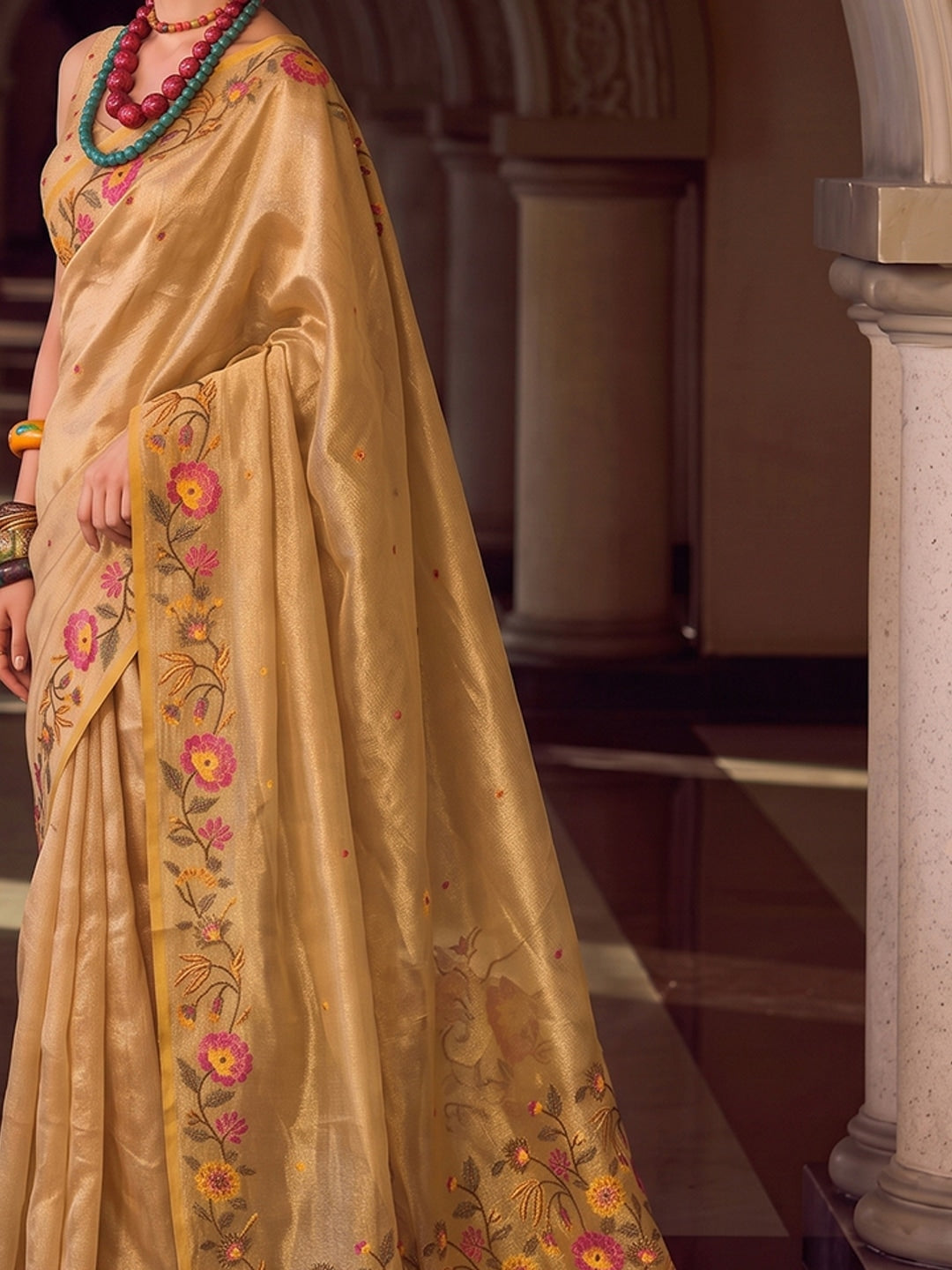 Peachmode Golden Tissue Silk Woven Saree - Image 4