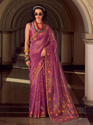 Peachmode Dark Pink Tissue Silk Woven Saree - Image 1