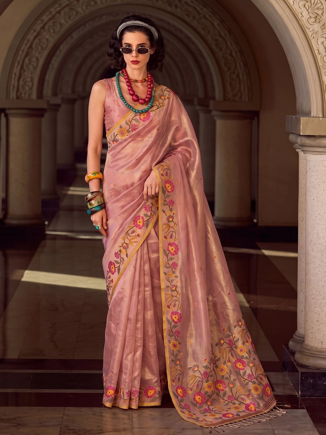 Peachmode Light Pink Tissue Silk Woven Saree - Image 1
