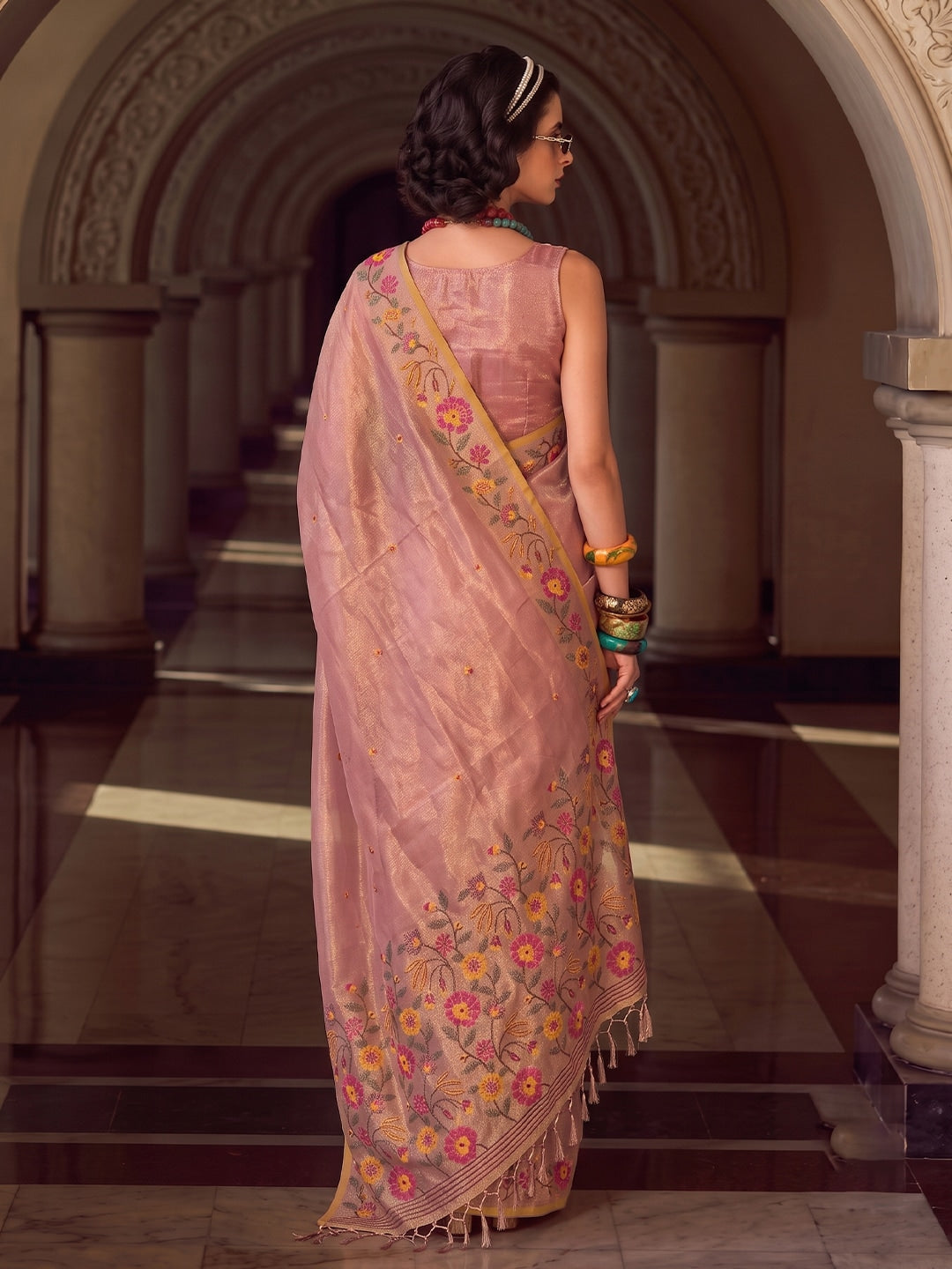 Peachmode Light Pink Tissue Silk Woven Saree - Image 3