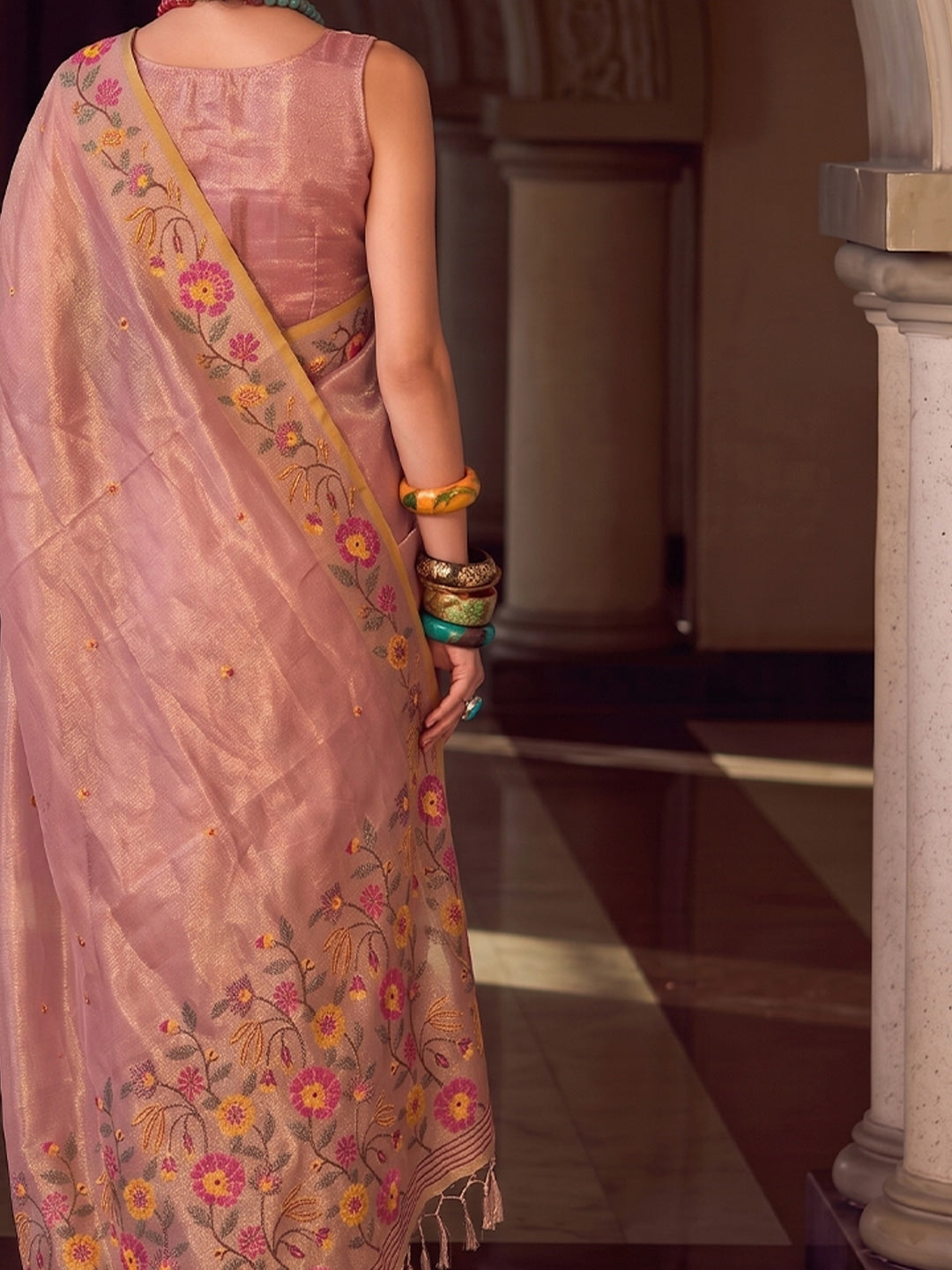 Peachmode Light Pink Tissue Silk Woven Saree - Image 5