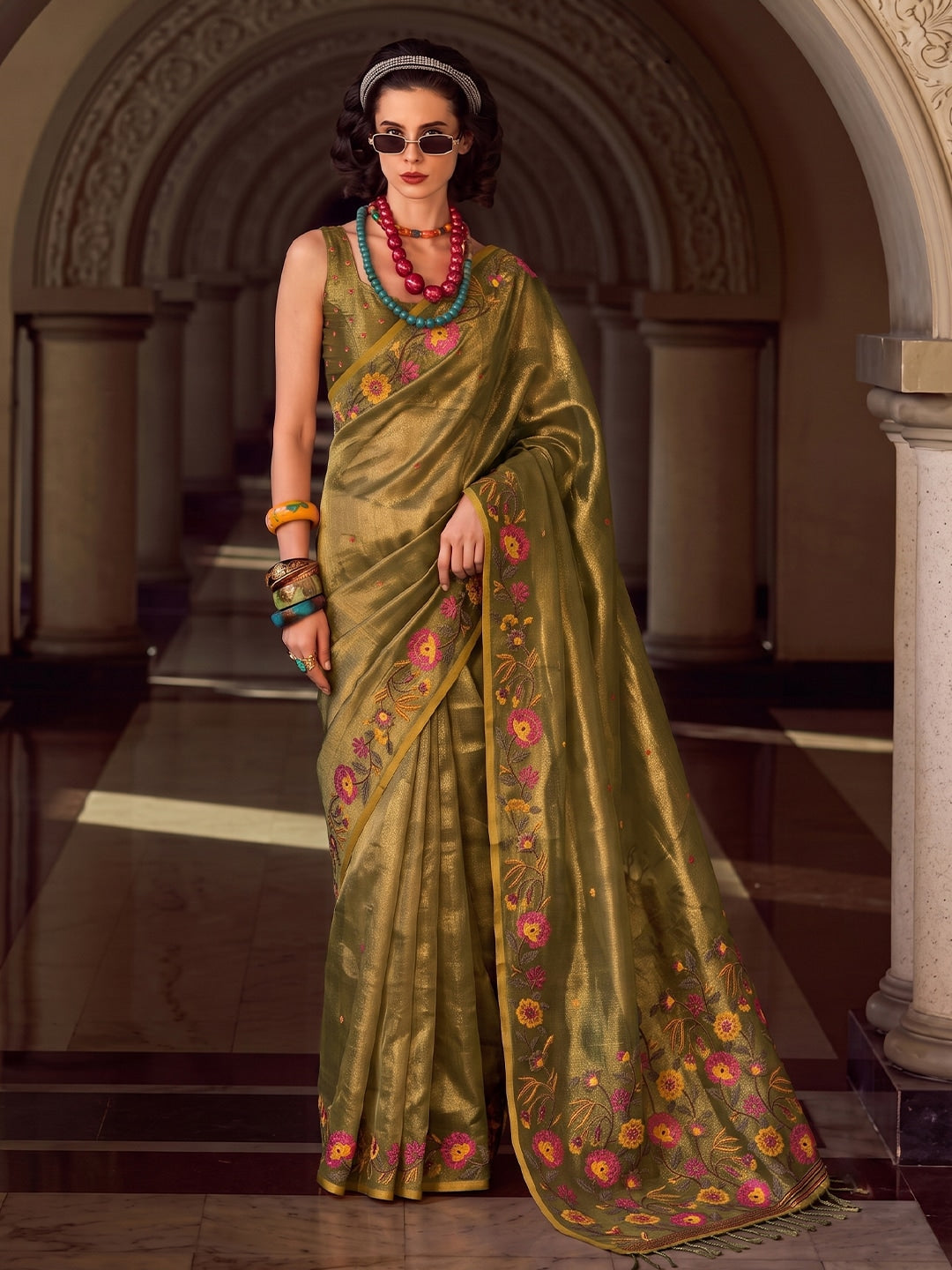 Peachmode Olive Green Tissue Silk Woven Saree - Image 1