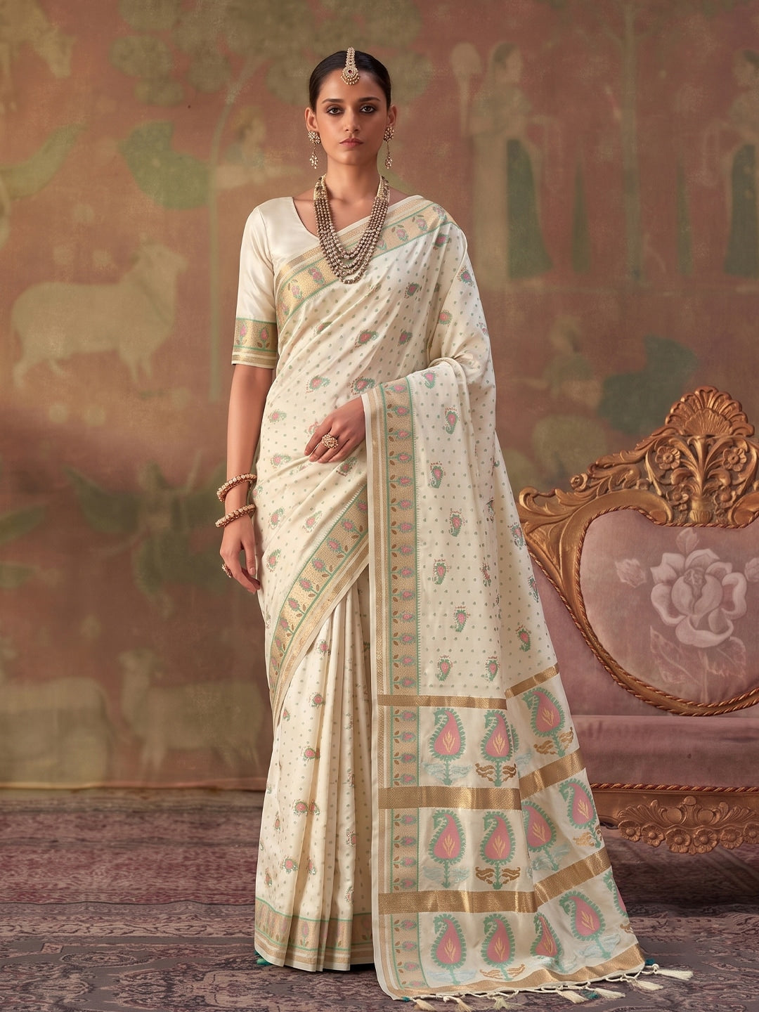 Peachmode Cream Soft Silk Woven Saree - Image 1