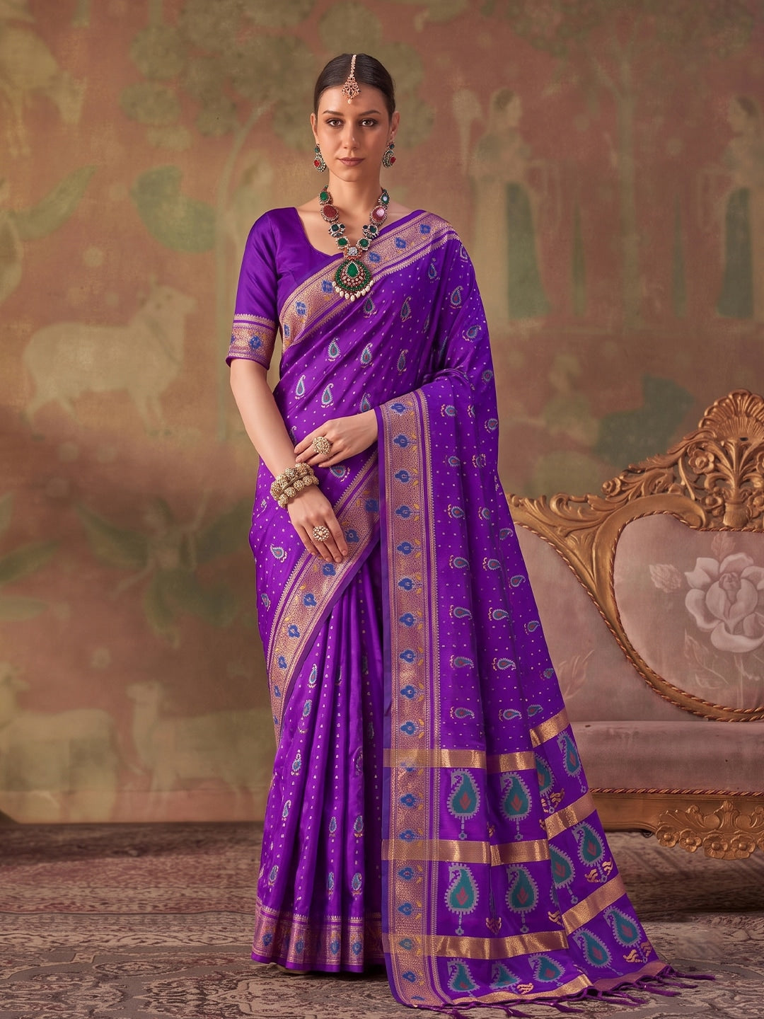 Peachmode Violet Soft Silk Woven Saree - Image 1