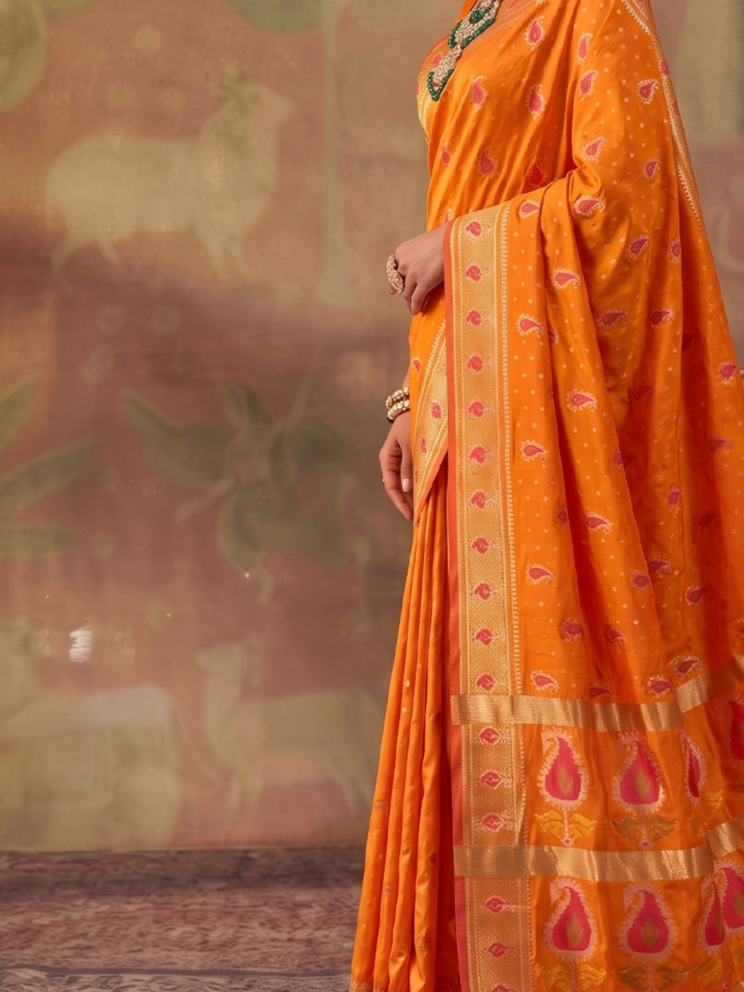 Peachmode Orange Soft Silk Woven Saree - Image 4