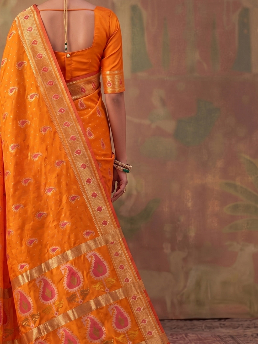 Peachmode Orange Soft Silk Woven Saree - Image 5