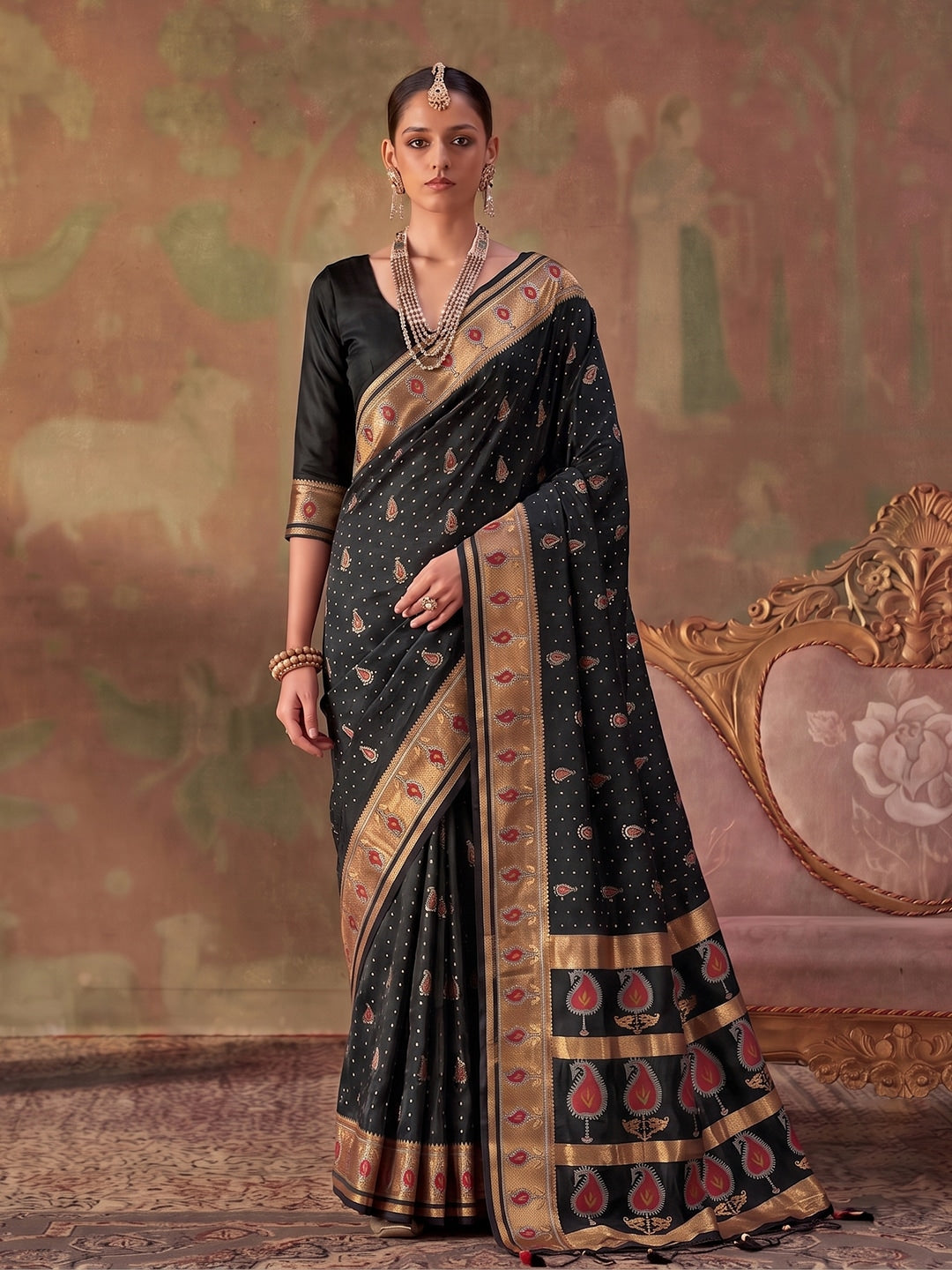 Peachmode Black Soft Silk Woven Saree - Image 1